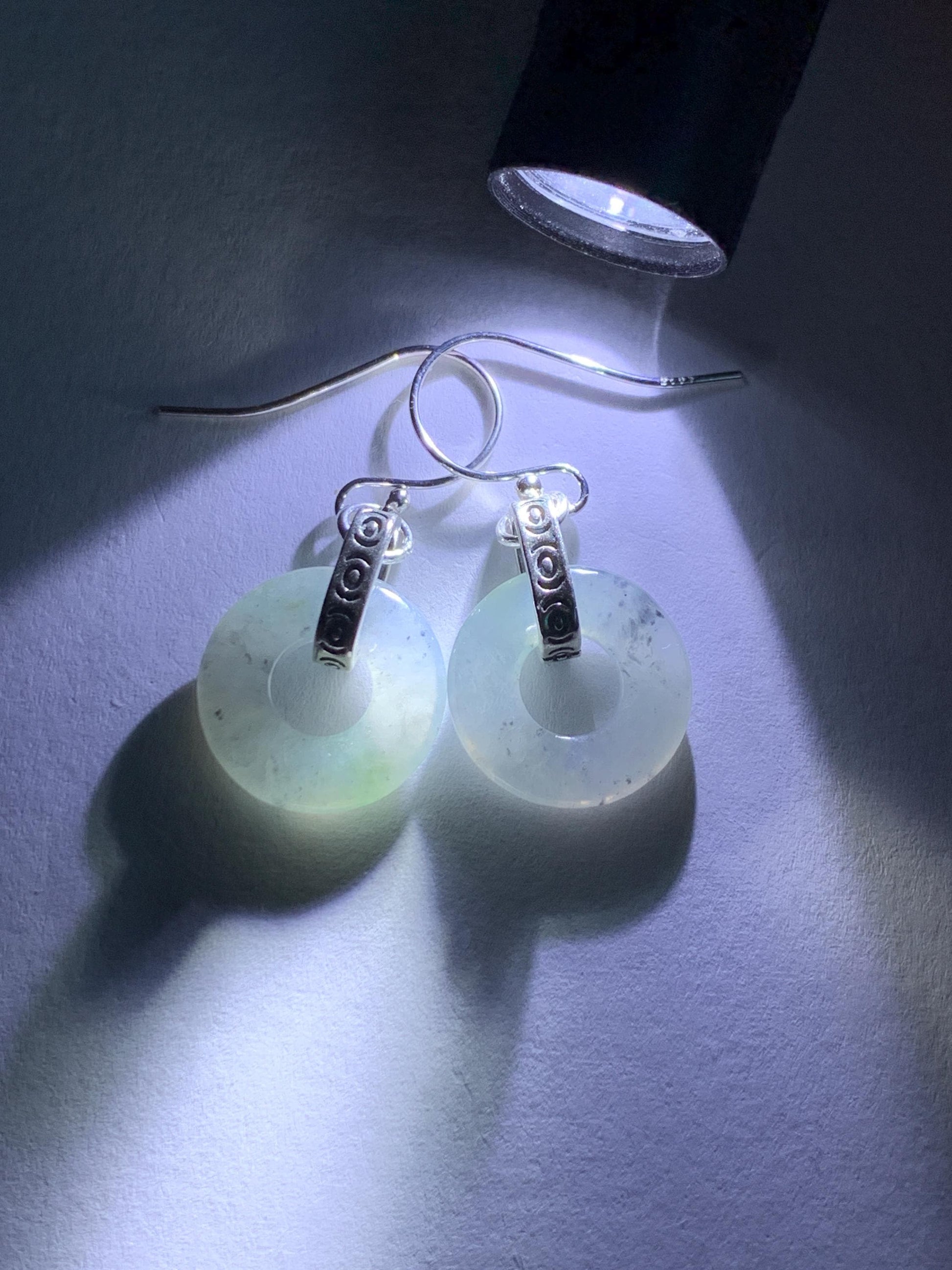 Natural Grade A Icy Highly Translucent White Wuji Jade Jadeite Ping An Kou Donut Ring Earrings Sterling Silver 天然起冰白乌鸡翡翠平安扣耳钩 MWJ66B