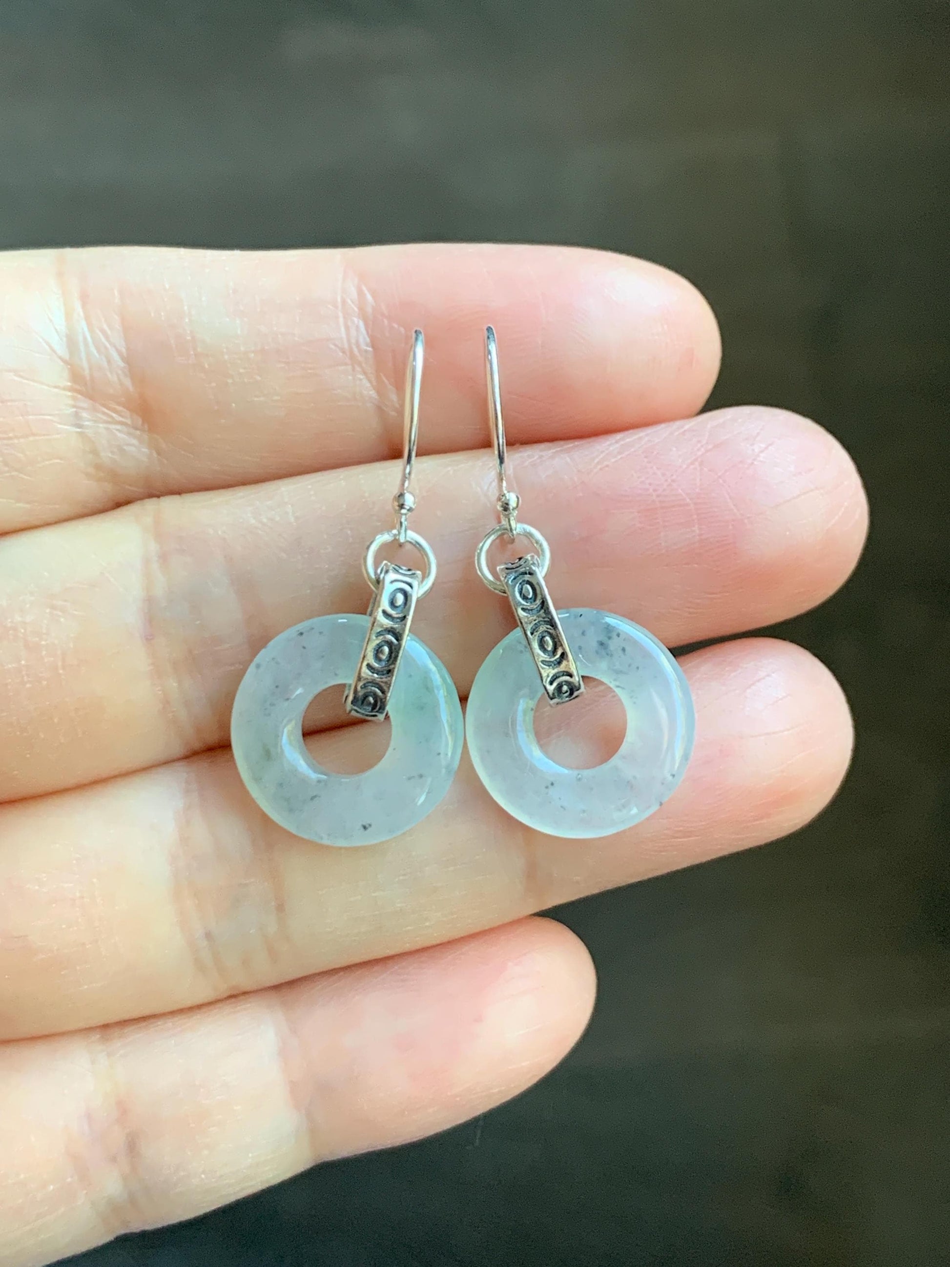 Natural Grade A Icy Highly Translucent White Wuji Jade Jadeite Ping An Kou Donut Ring Earrings Sterling Silver 天然起冰白乌鸡翡翠平安扣耳钩 MWJ66B