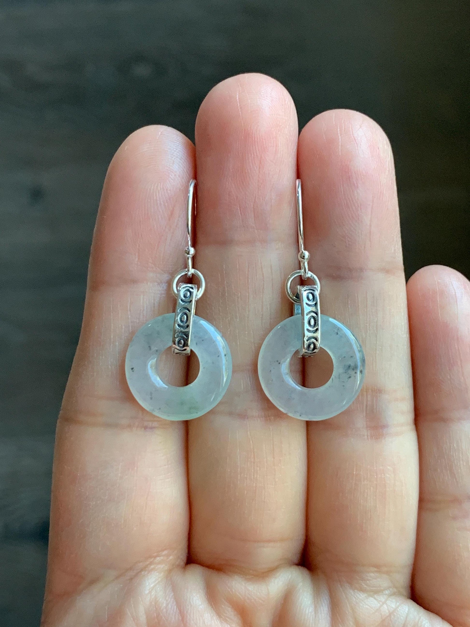 Natural Grade A Icy Highly Translucent White Wuji Jade Jadeite Ping An Kou Donut Ring Earrings Sterling Silver 天然起冰白乌鸡翡翠平安扣耳钩 MWJ66B
