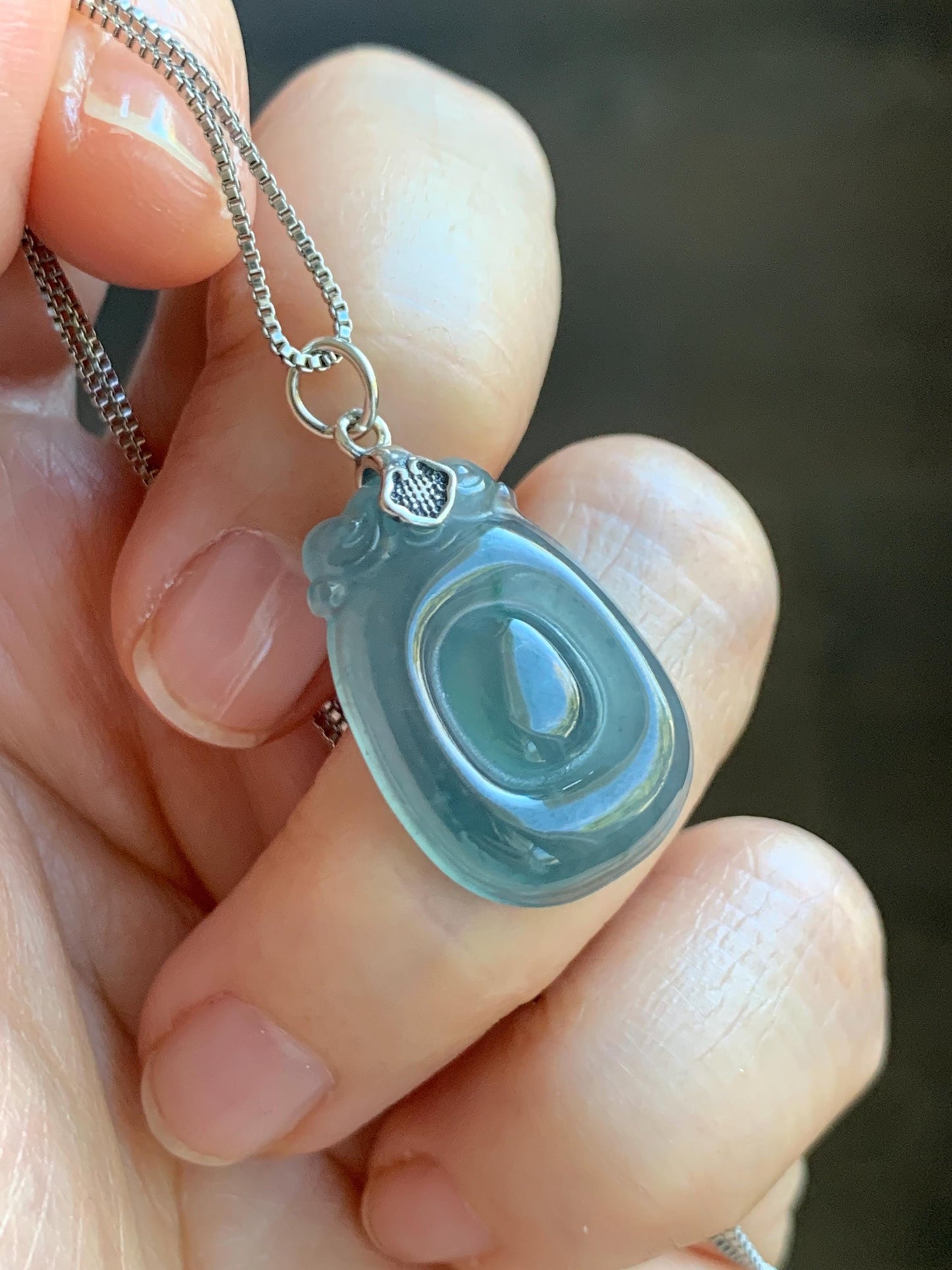 Natural Grade A Guatemalan Icy Highly Translucent Dusty Blue Jade Jadeite Lucky Coin Fu Bei Pendant Sterling Silver 天然冰危蓝紫翡翠福贝吊坠 FBW68B