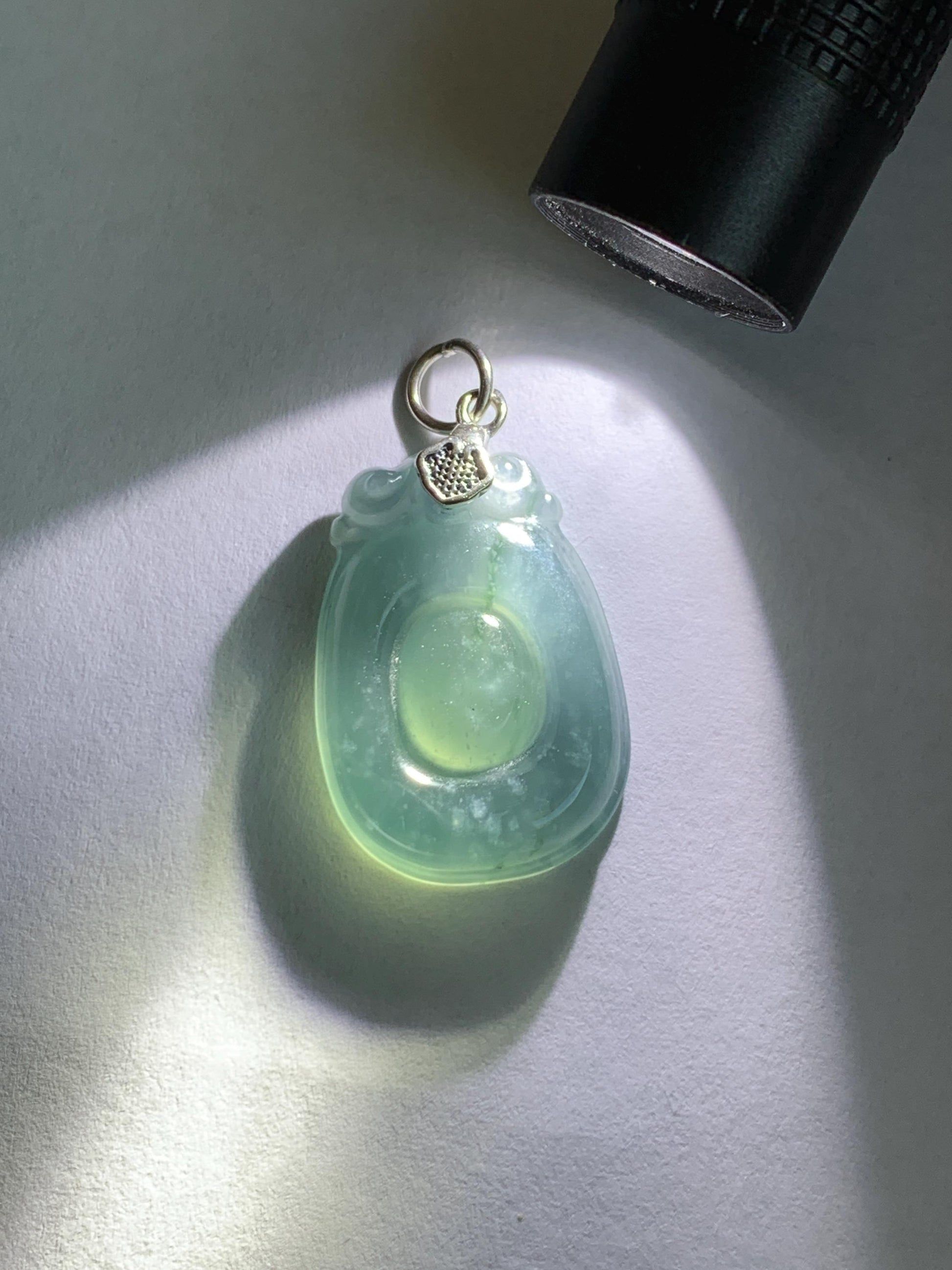 Natural Grade A Guatemalan Icy Highly Translucent Dusty Blue Jade Jadeite Lucky Coin Fu Bei Pendant Sterling Silver 天然冰危蓝紫翡翠福贝吊坠 FBW68B