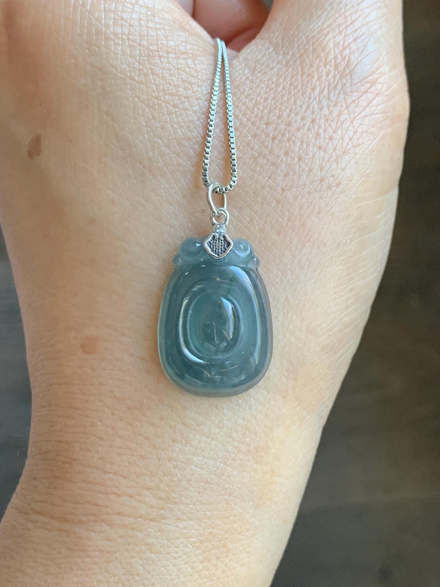 Natural Grade A Guatemalan Icy Highly Translucent Dusty Blue Jade Jadeite Lucky Coin Fu Bei Pendant Sterling Silver 天然冰危蓝紫翡翠福贝吊坠 FBW68B
