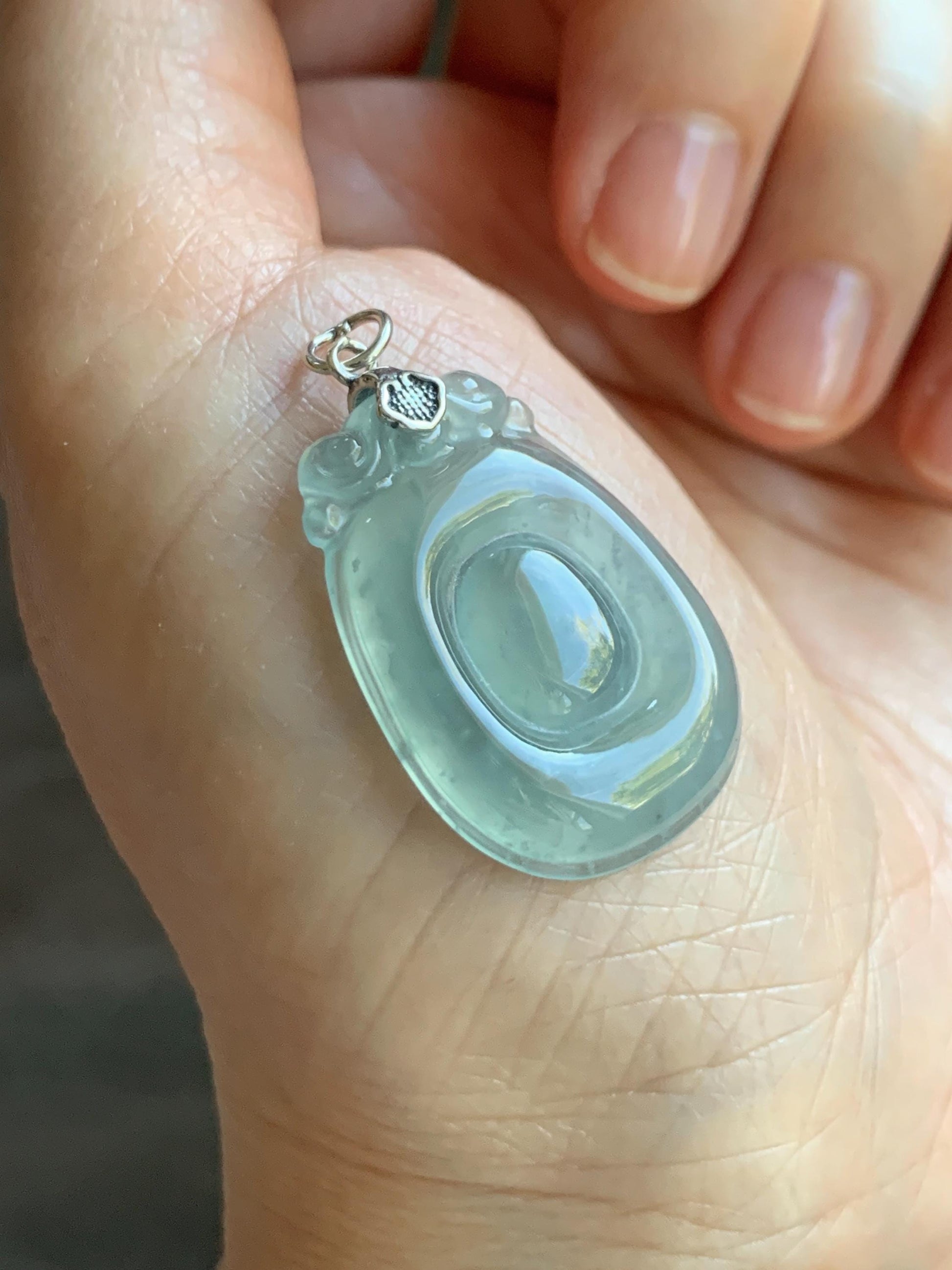 Natural Grade A Guatemalan Icy Highly Translucent Pastel Green Jade Jadeite Lucky Coin Fu Bei Pendant Sterling Silver 天然冰危老种晴底翡翠福贝吊坠 FBW68A