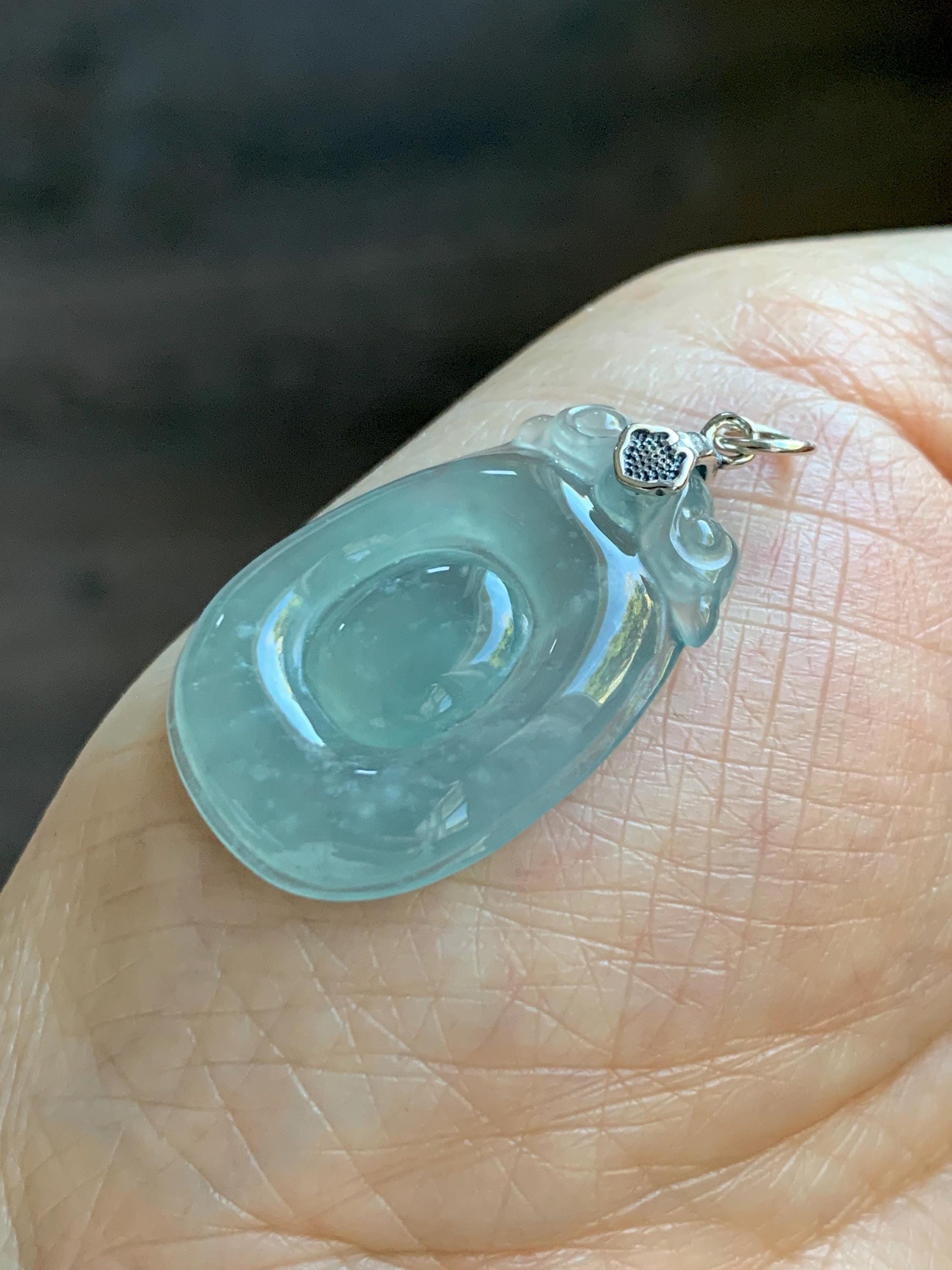 Natural Grade A Guatemalan Icy Highly Translucent Pastel Green Jade Jadeite Lucky Coin Fu Bei Pendant Sterling Silver 天然冰危老种晴底翡翠福贝吊坠 FBW68A