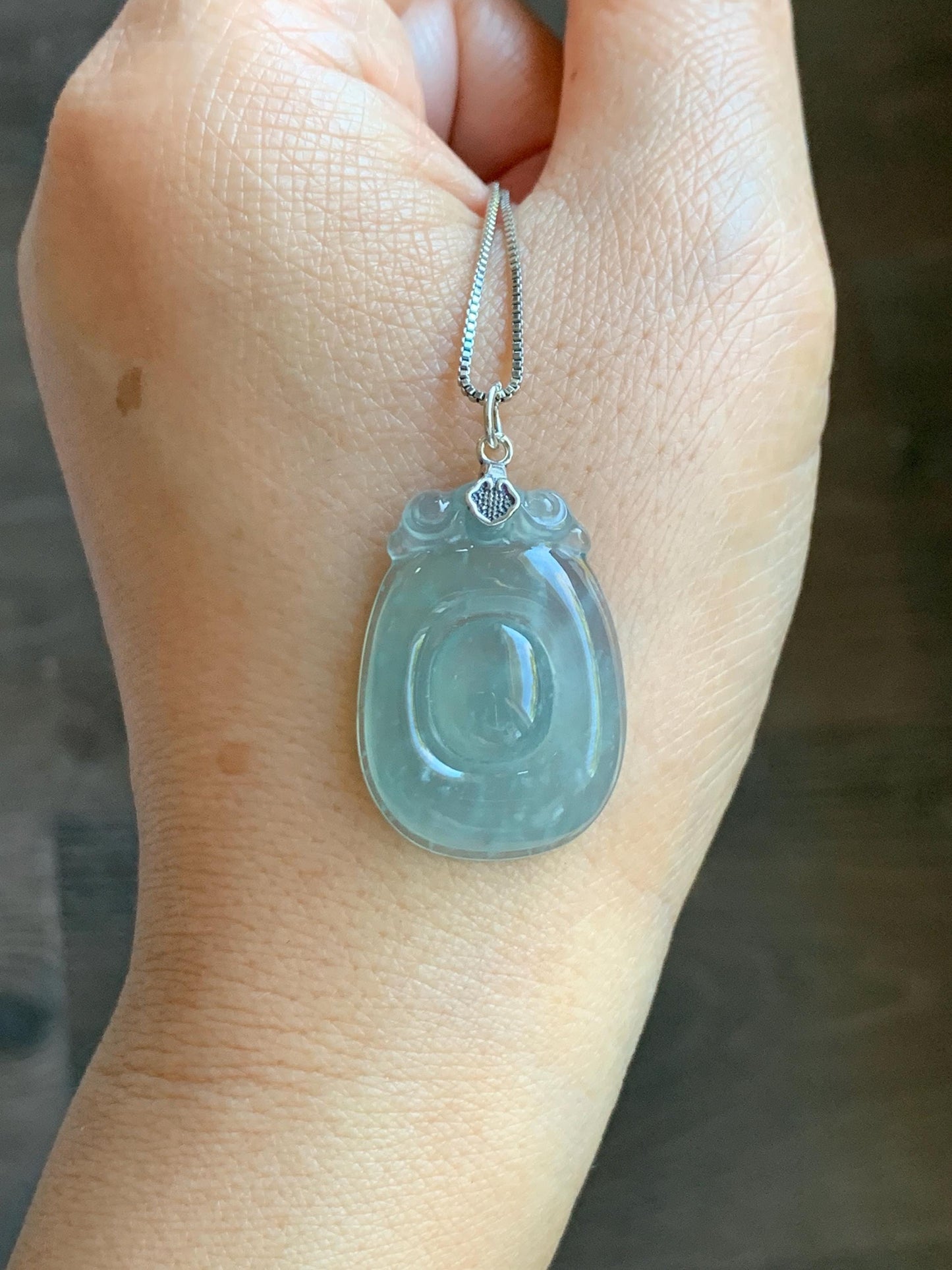 Natural Grade A Guatemalan Icy Highly Translucent Pastel Green Jade Jadeite Lucky Coin Fu Bei Pendant Sterling Silver 天然冰危老种晴底翡翠福贝吊坠 FBW68A