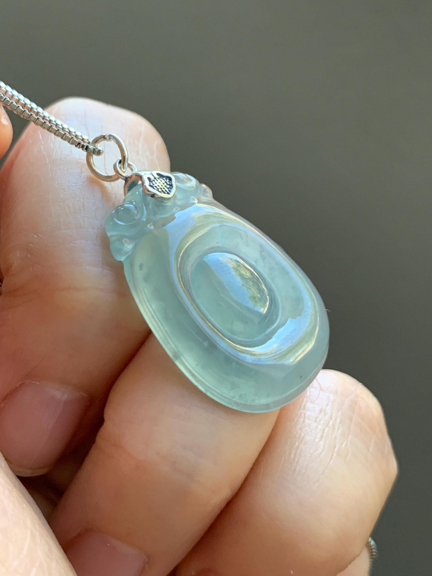 Natural Grade A Guatemalan Icy Highly Translucent Pastel Green Jade Jadeite Lucky Coin Fu Bei Pendant Sterling Silver 天然冰危老种晴底翡翠福贝吊坠 FBW68A