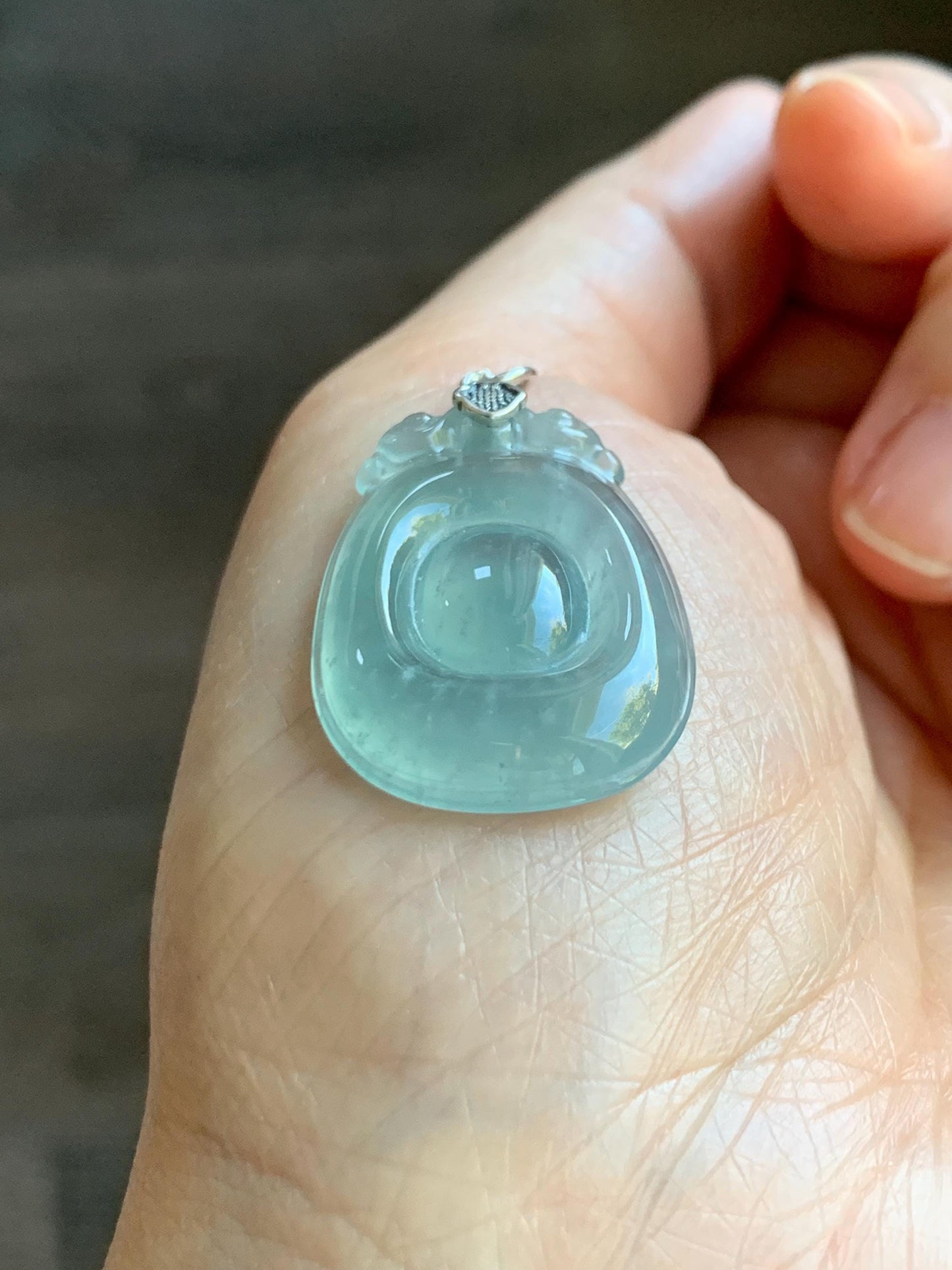Natural Grade A Guatemalan Icy Highly Translucent Pastel Green Jade Jadeite Lucky Coin Fu Bei Pendant Sterling Silver 天然冰危老种晴底翡翠福贝吊坠 FBW68A