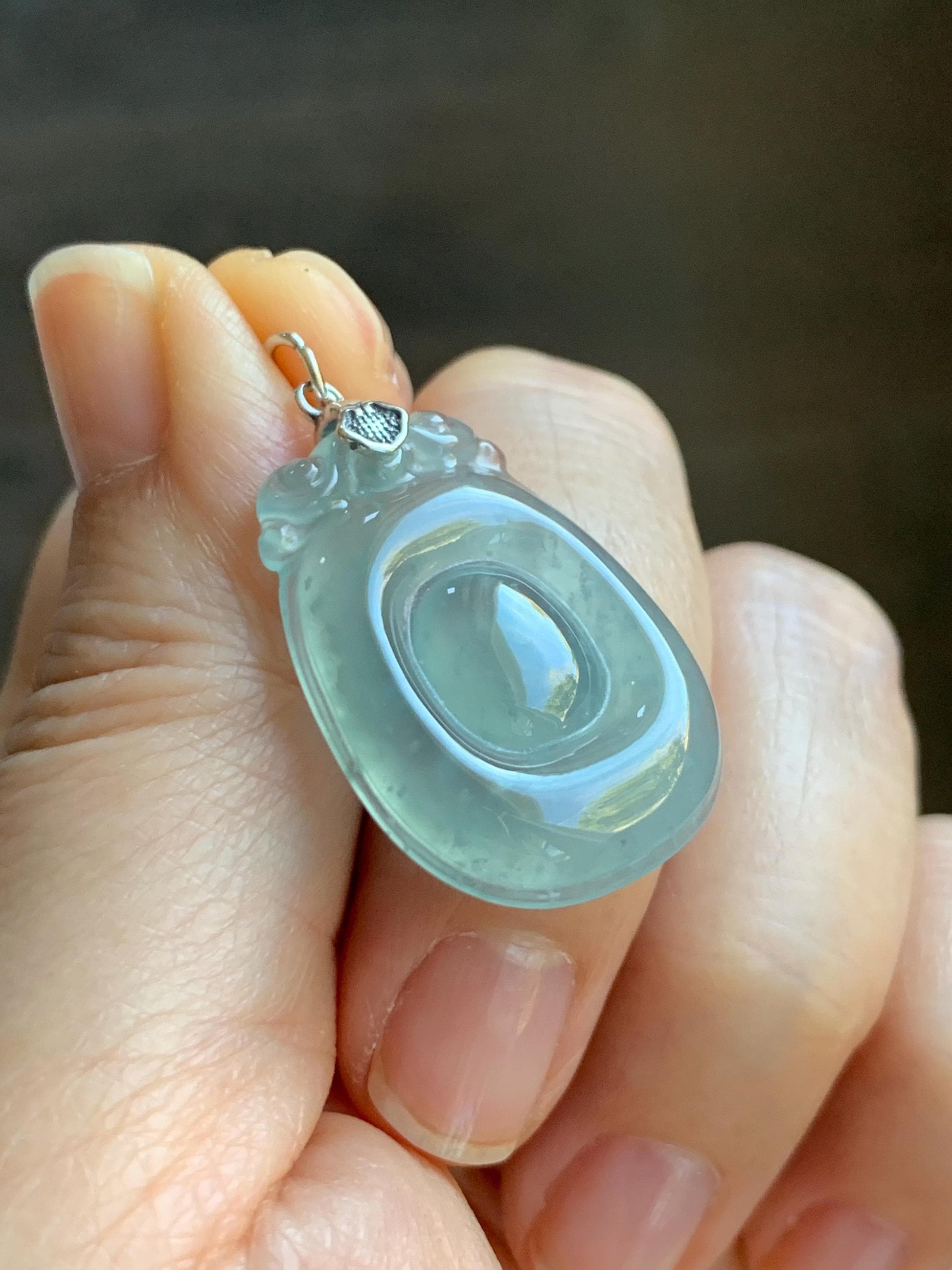 Natural Grade A Guatemalan Icy Highly Translucent Pastel Green Jade Jadeite Lucky Coin Fu Bei Pendant Sterling Silver 天然冰危老种晴底翡翠福贝吊坠 FBW68A