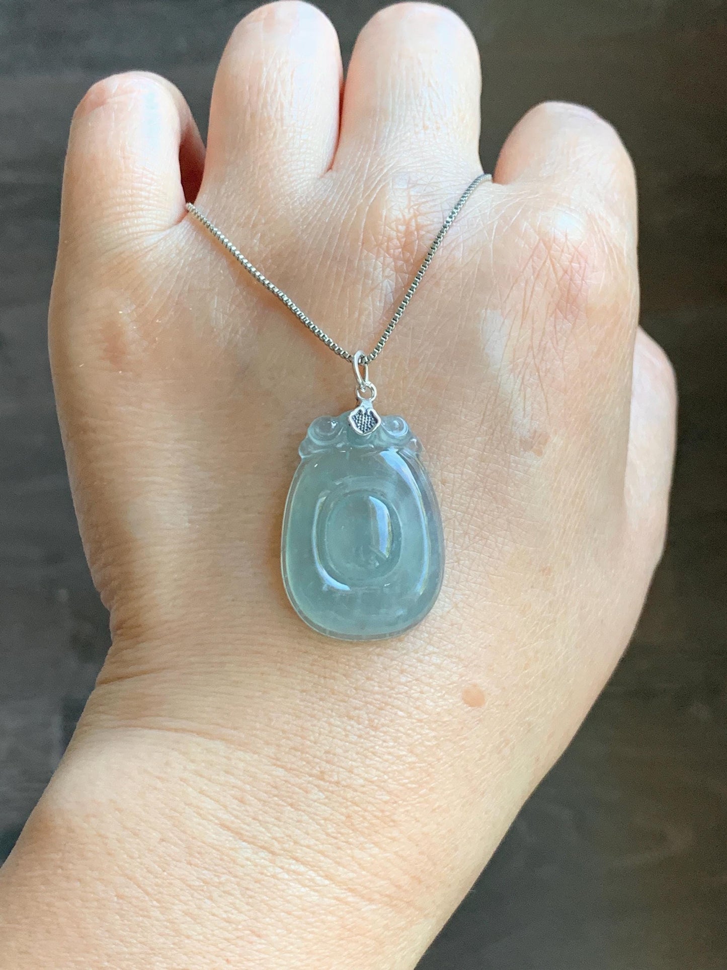 Natural Grade A Guatemalan Icy Highly Translucent Pastel Green Jade Jadeite Lucky Coin Fu Bei Pendant Sterling Silver 天然冰危老种晴底翡翠福贝吊坠 FBW68A