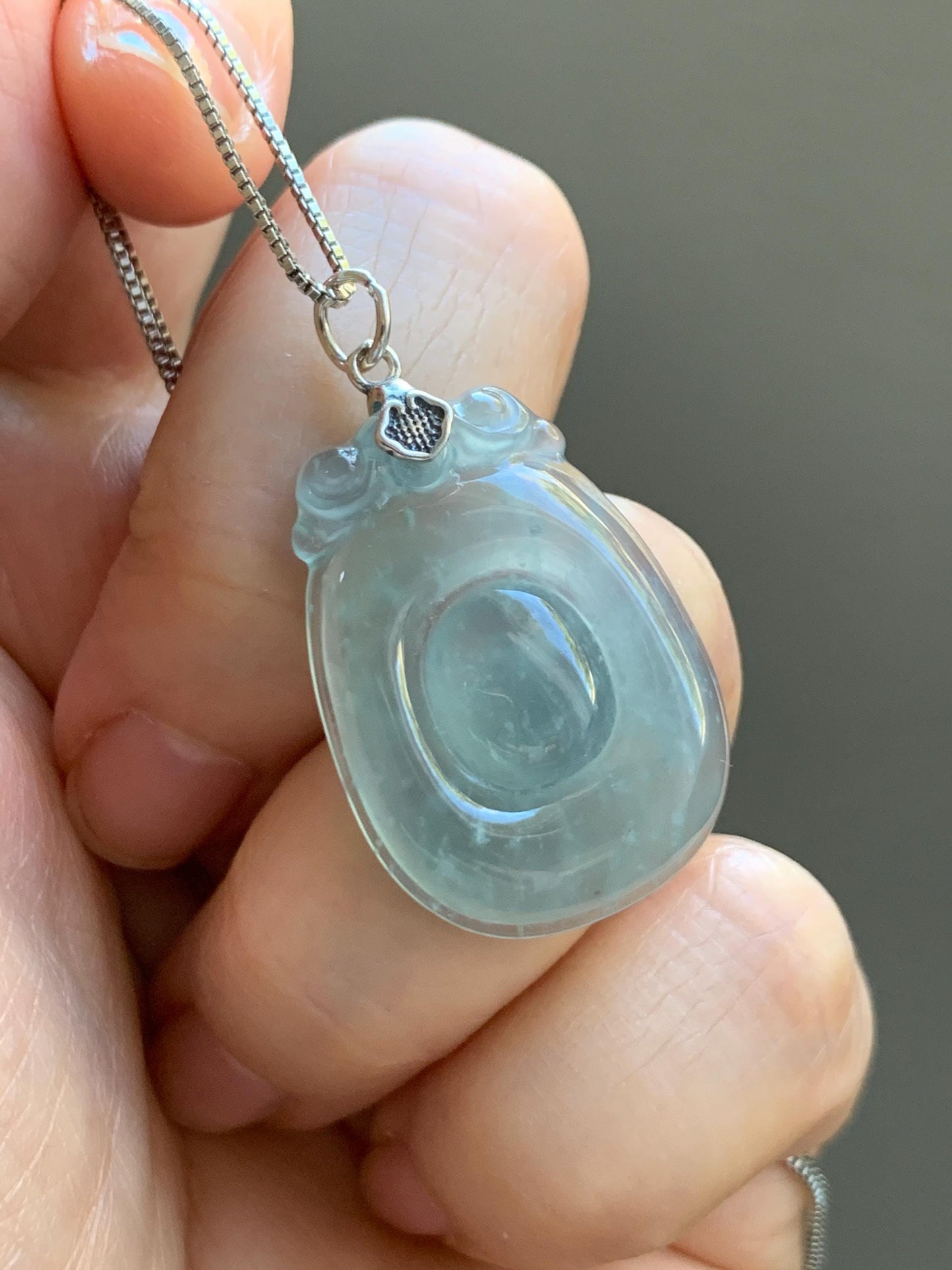 Natural Grade A Guatemalan Icy Highly Translucent Pastel Green Jade Jadeite Lucky Coin Fu Bei Pendant Sterling Silver 天然冰危老种晴底翡翠福贝吊坠 FBW68A