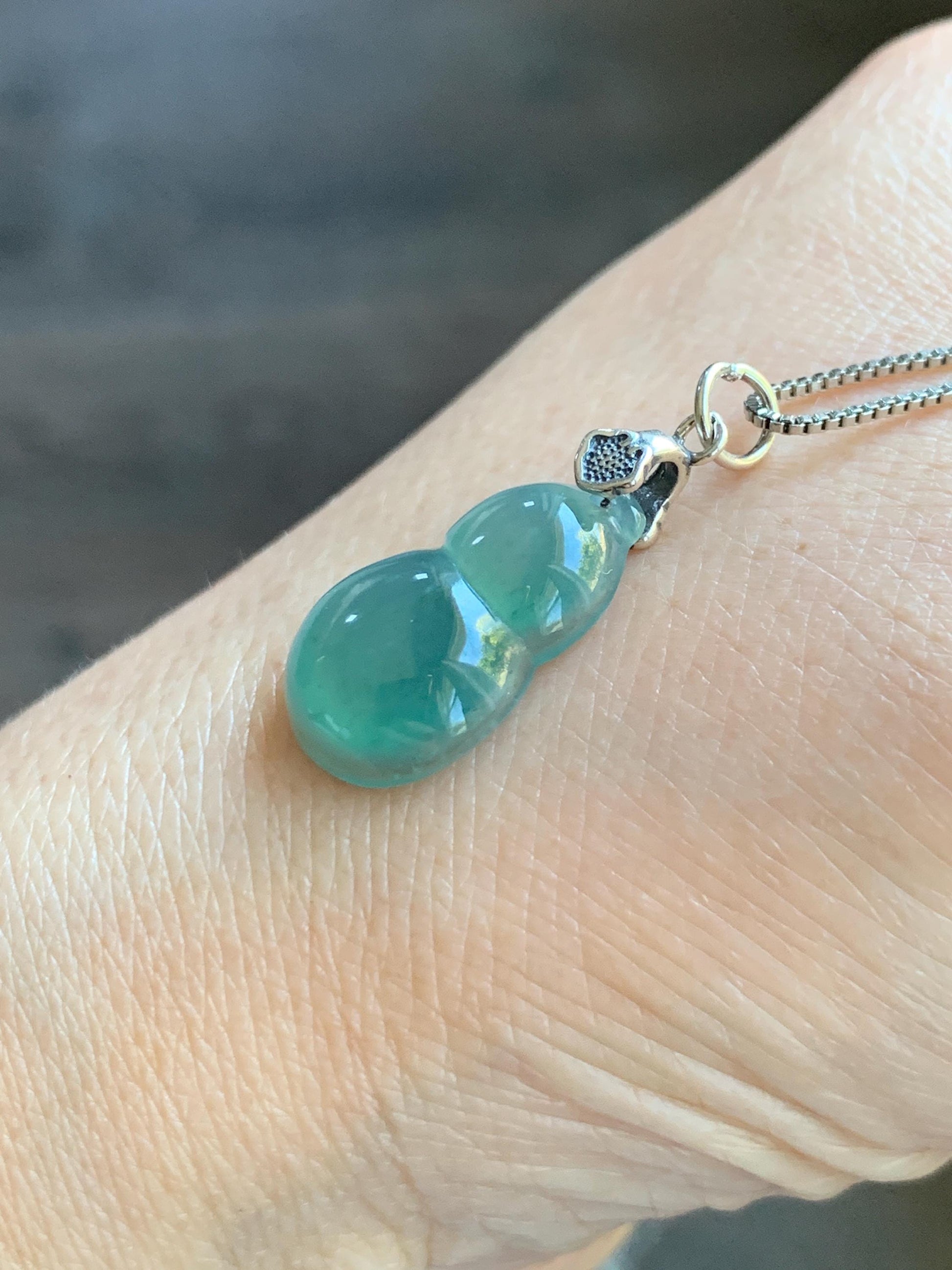 Natural Grade A Guatemalan Icy Translucent Teal Green Jade Jadeite Gourd Hulu Pendant Sterling Silver 2g 天然冰危蓝绿翡翠葫芦吊坠 WHG110B