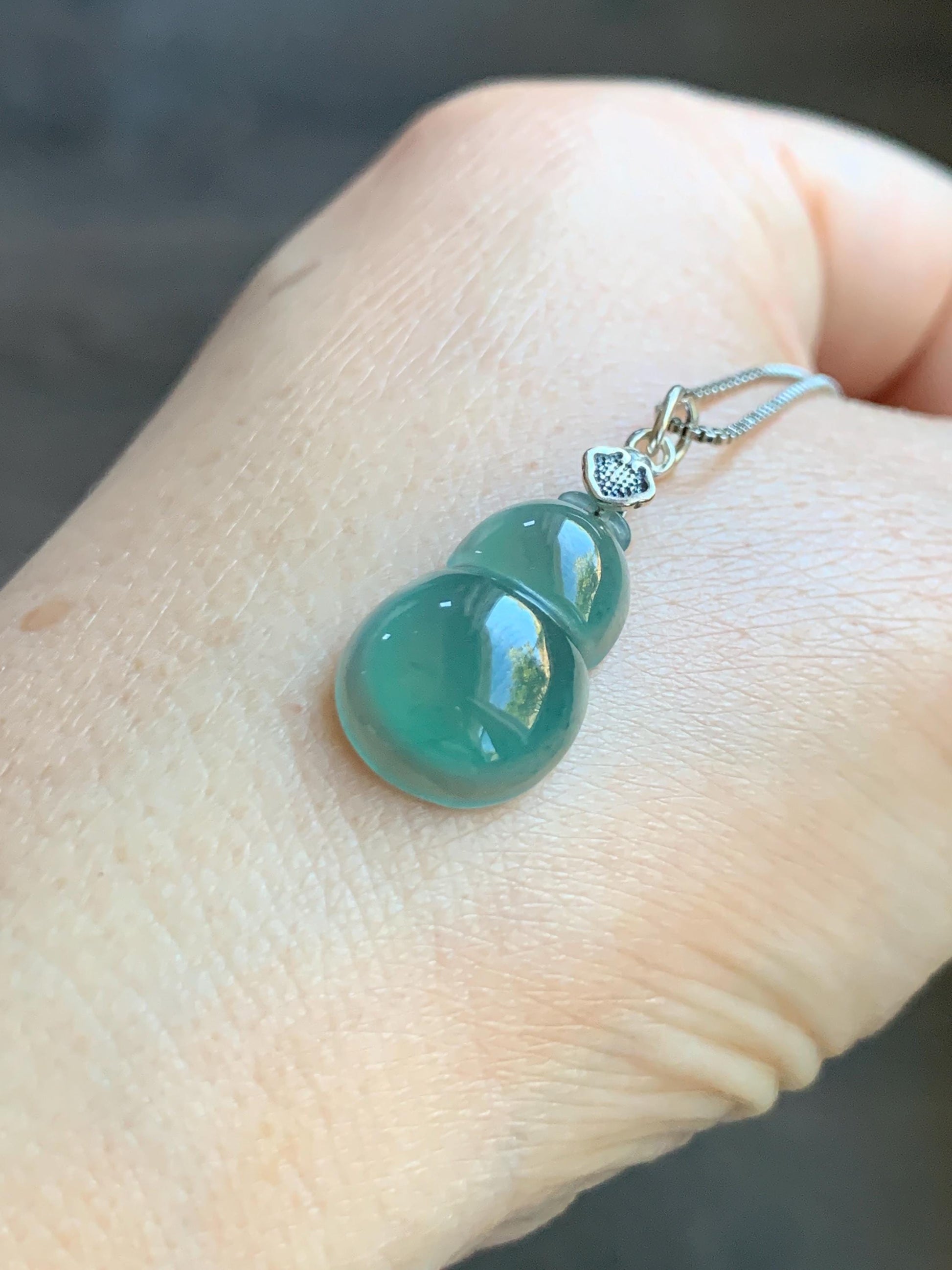 Natural Grade A Guatemalan Icy Translucent Teal Green Jade Jadeite Gourd Hulu Pendant Sterling Silver 2g 天然冰危蓝绿翡翠葫芦吊坠 WHG110B