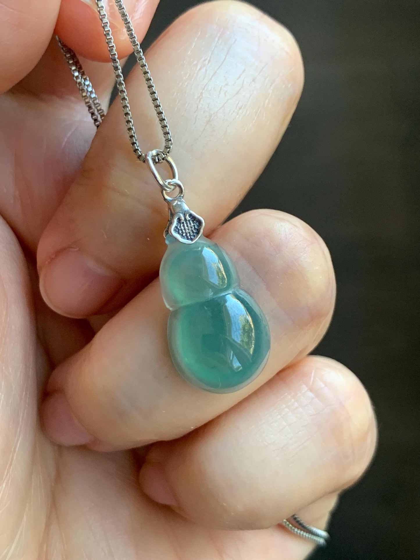 Natural Grade A Guatemalan Icy Translucent Teal Green Jade Jadeite Gourd Hulu Pendant Sterling Silver 2g 天然冰危蓝绿翡翠葫芦吊坠 WHG110B