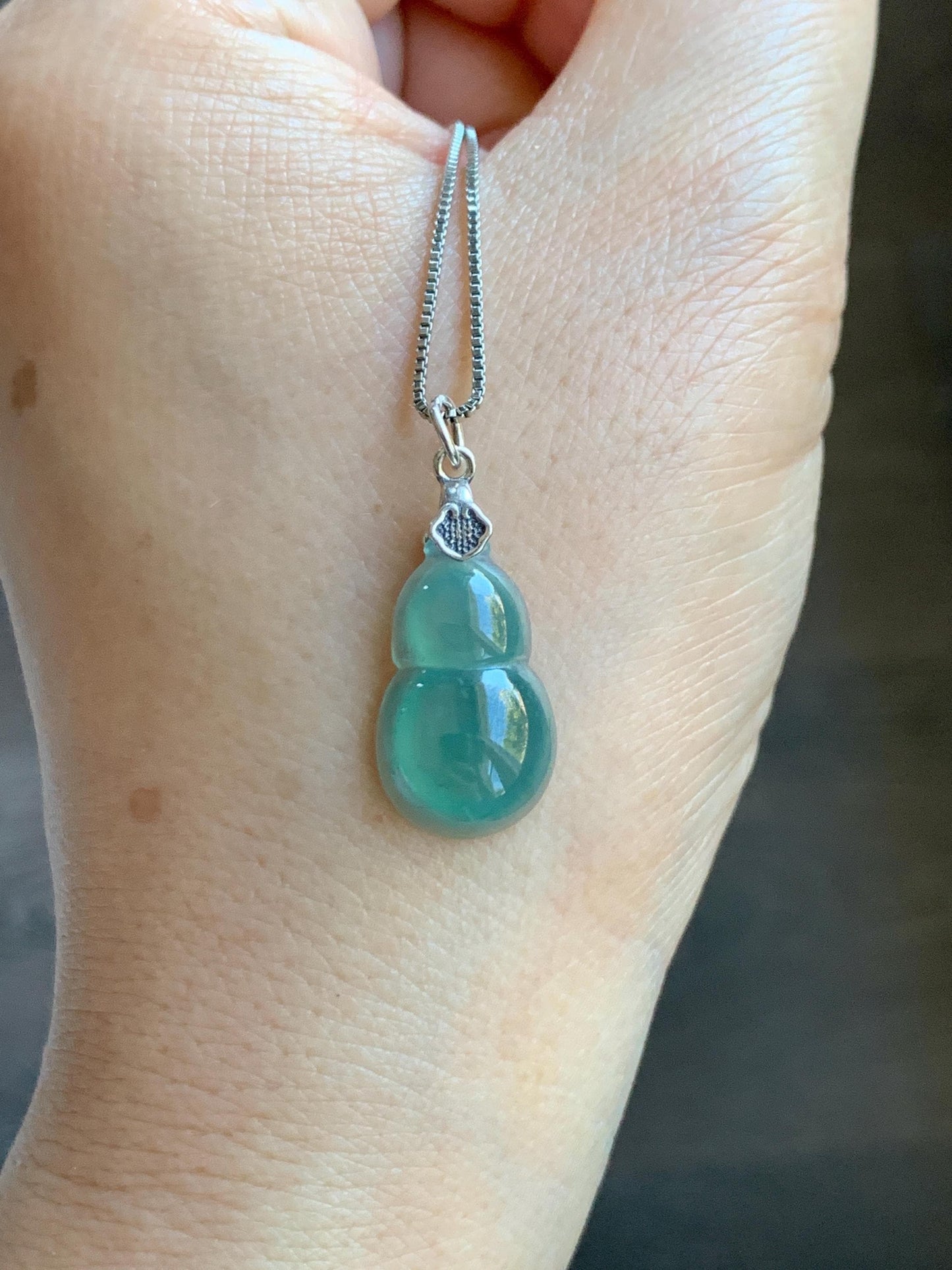 Natural Grade A Guatemalan Icy Translucent Teal Green Jade Jadeite Gourd Hulu Pendant Sterling Silver 2g 天然冰危蓝绿翡翠葫芦吊坠 WHG110B