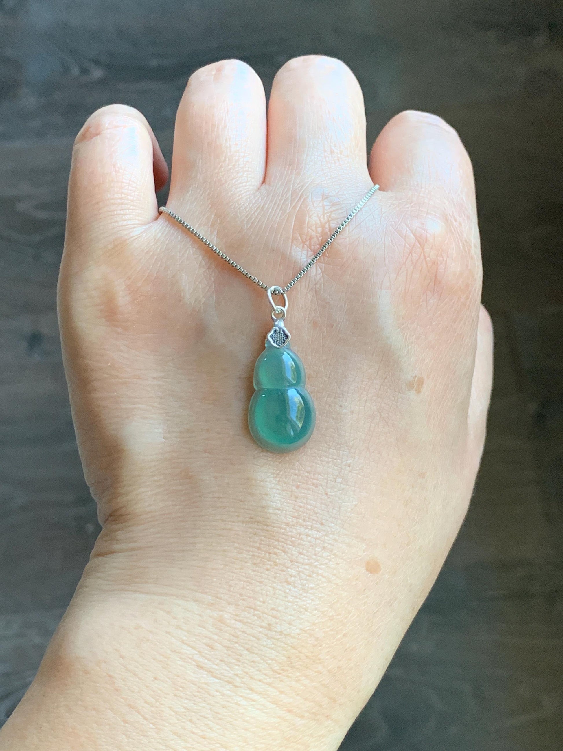 Natural Grade A Guatemalan Icy Translucent Teal Green Jade Jadeite Gourd Hulu Pendant Sterling Silver 2g 天然冰危蓝绿翡翠葫芦吊坠 WHG110B