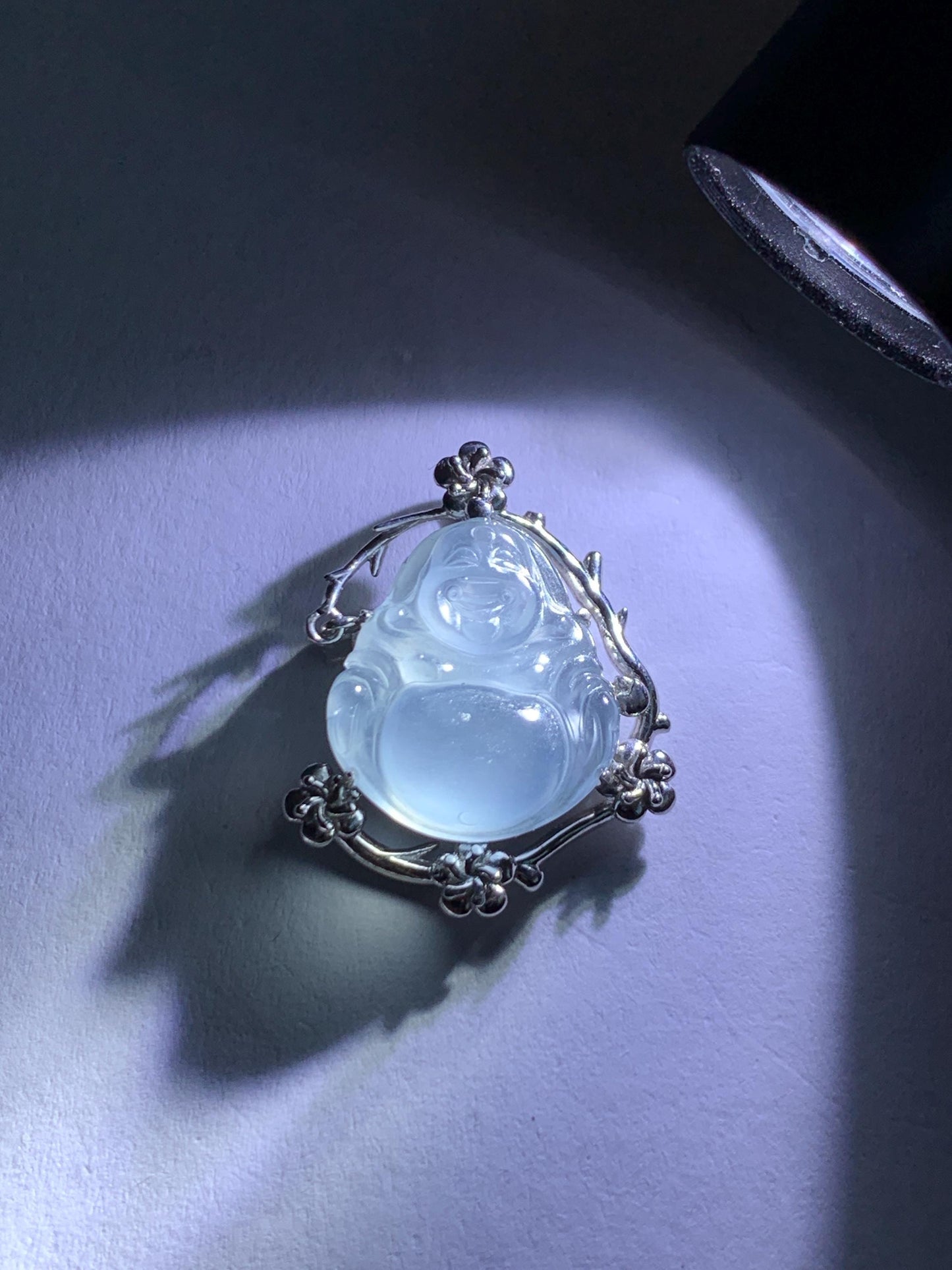 Certified Natural Grade A Guatemalan Icy Translucent Dusty Blue Jade Jadeite Buddha Petite Pendant Sterling Silver 3.12g 天然冰胶危蓝翡翠佛公镶嵌吊坠 161
