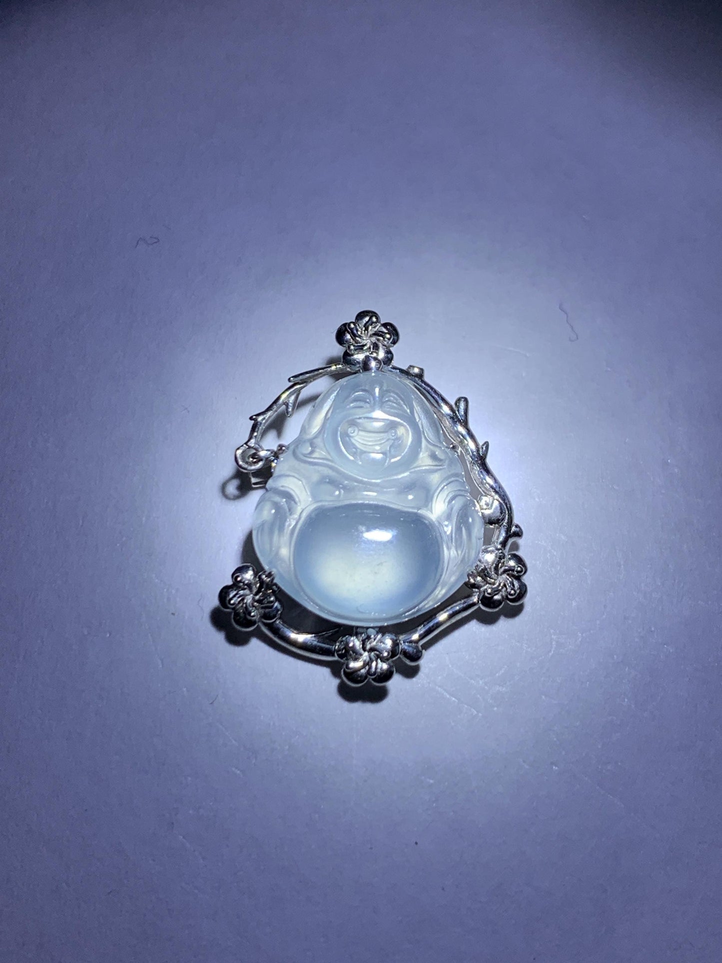 Certified Natural Grade A Guatemalan Icy Translucent Dusty Blue Jade Jadeite Buddha Petite Pendant Sterling Silver 3.12g 天然冰胶危蓝翡翠佛公镶嵌吊坠 161