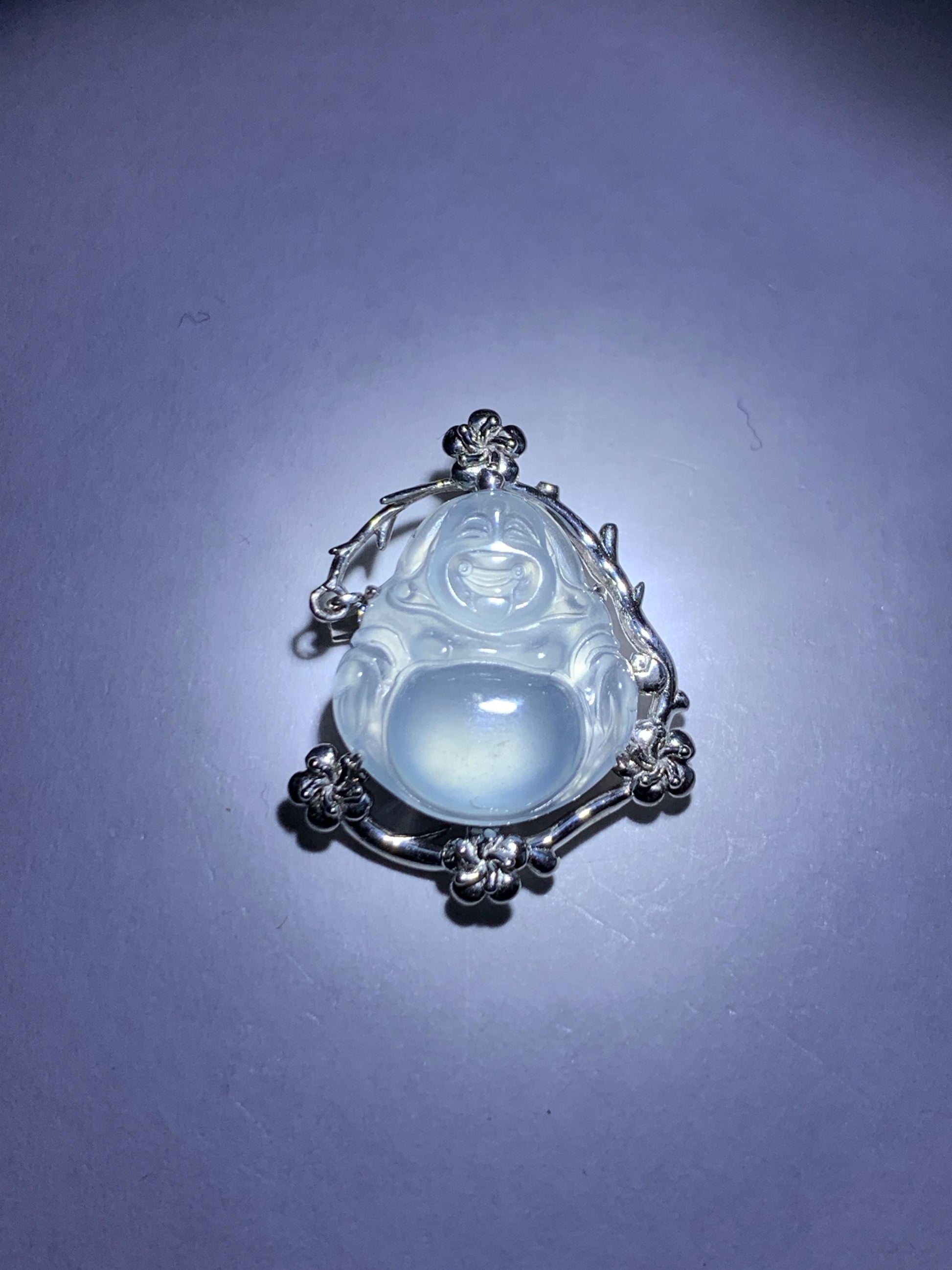 Certified Natural Grade A Guatemalan Icy Translucent Dusty Blue Jade Jadeite Buddha Petite Pendant Sterling Silver 3.12g 天然冰胶危蓝翡翠佛公镶嵌吊坠 161