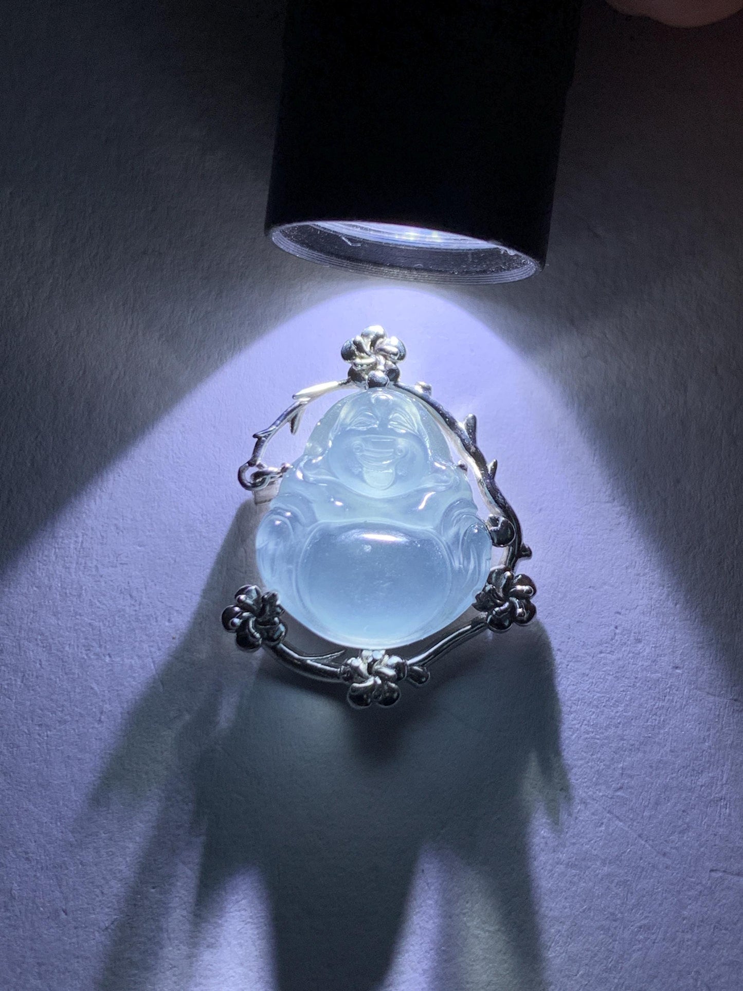 Certified Natural Grade A Guatemalan Icy Translucent Dusty Blue Jade Jadeite Buddha Petite Pendant Sterling Silver 3.12g 天然冰胶危蓝翡翠佛公镶嵌吊坠 161