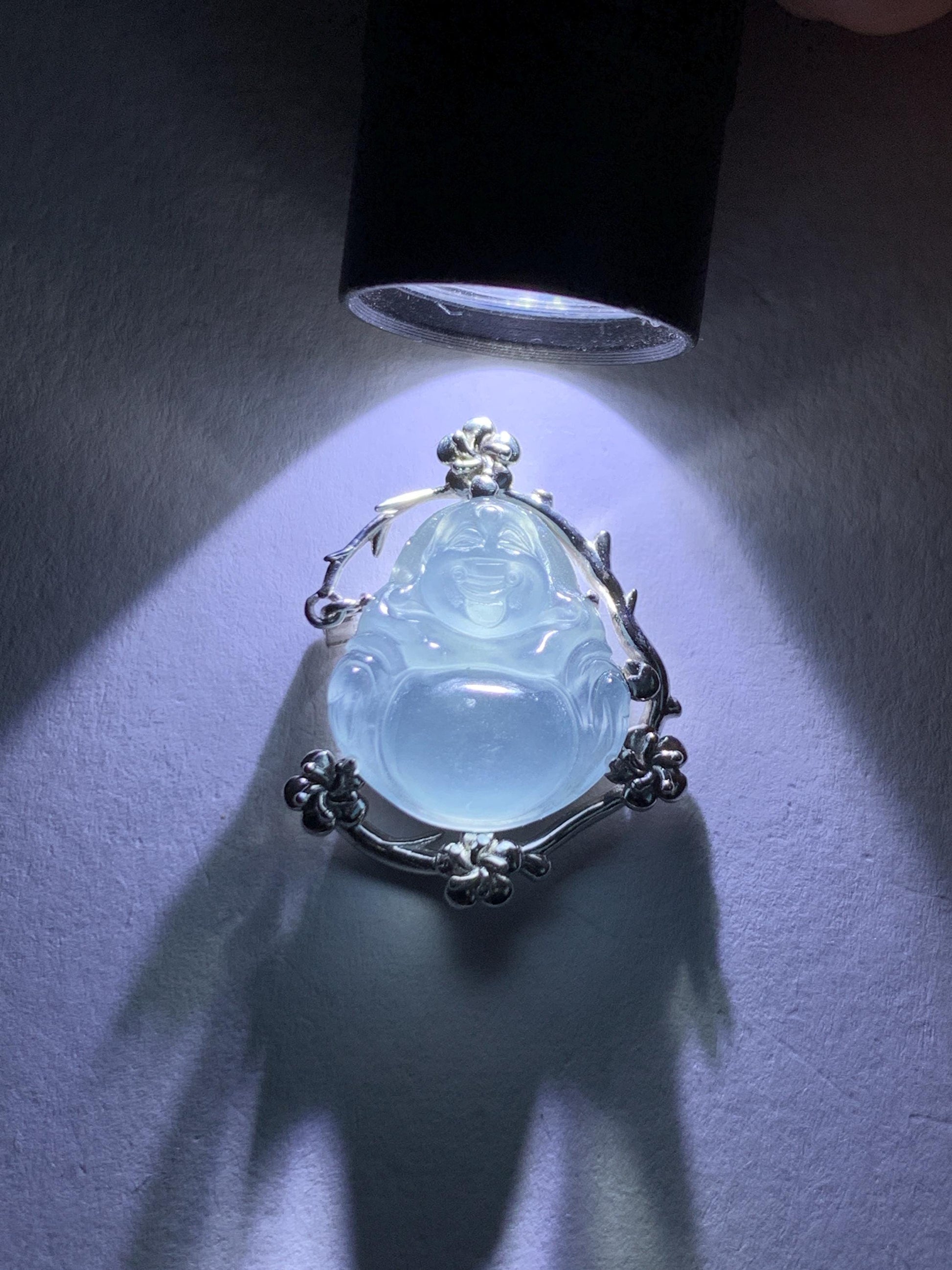 Certified Natural Grade A Guatemalan Icy Translucent Dusty Blue Jade Jadeite Buddha Petite Pendant Sterling Silver 3.12g 天然冰胶危蓝翡翠佛公镶嵌吊坠 161