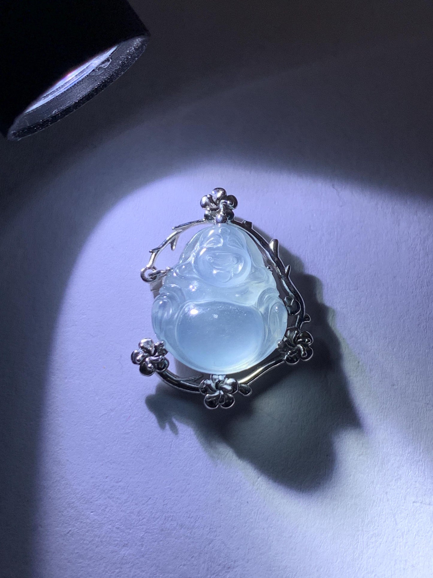 Certified Natural Grade A Guatemalan Icy Translucent Dusty Blue Jade Jadeite Buddha Petite Pendant Sterling Silver 3.12g 天然冰胶危蓝翡翠佛公镶嵌吊坠 161