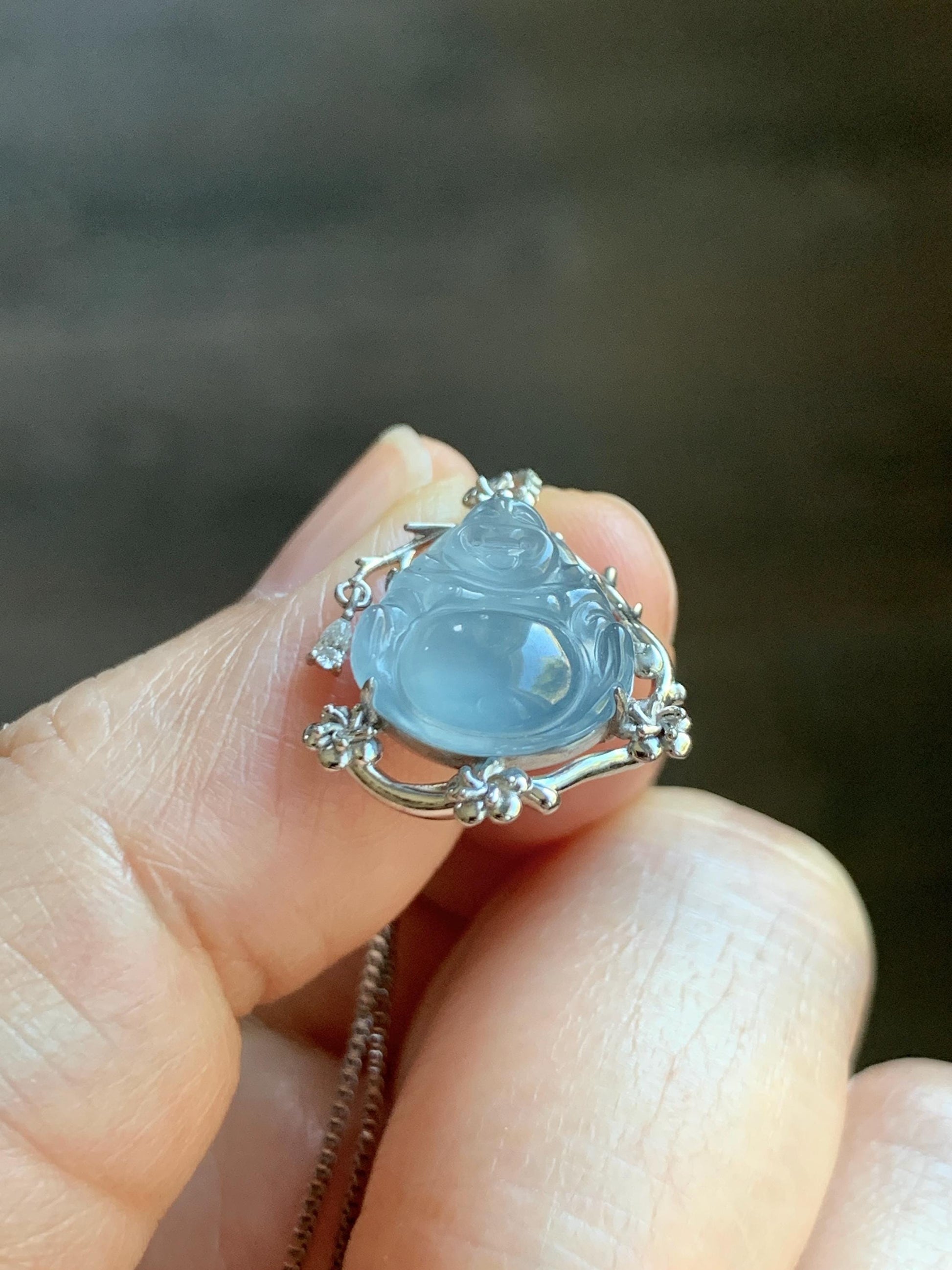 Certified Natural Grade A Guatemalan Icy Translucent Dusty Blue Jade Jadeite Buddha Petite Pendant Sterling Silver 3.12g 天然冰胶危蓝翡翠佛公镶嵌吊坠 161
