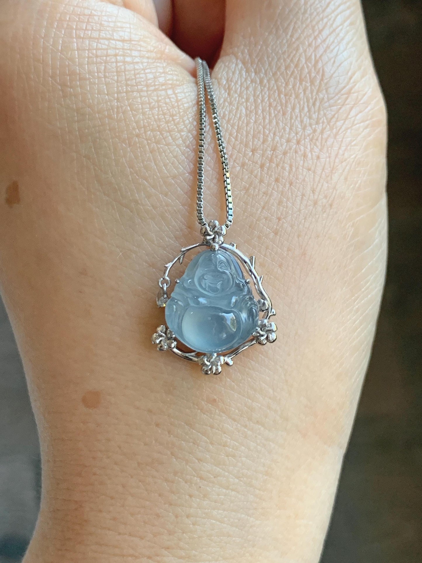 Certified Natural Grade A Guatemalan Icy Translucent Dusty Blue Jade Jadeite Buddha Petite Pendant Sterling Silver 3.12g 天然冰胶危蓝翡翠佛公镶嵌吊坠 161
