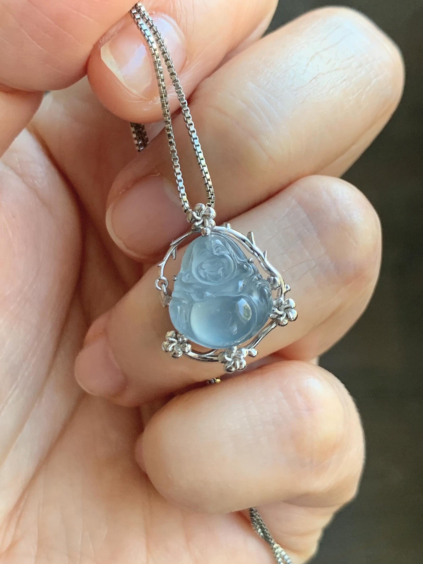 Certified Natural Grade A Guatemalan Icy Translucent Dusty Blue Jade Jadeite Buddha Petite Pendant Sterling Silver 3.12g 天然冰胶危蓝翡翠佛公镶嵌吊坠 161