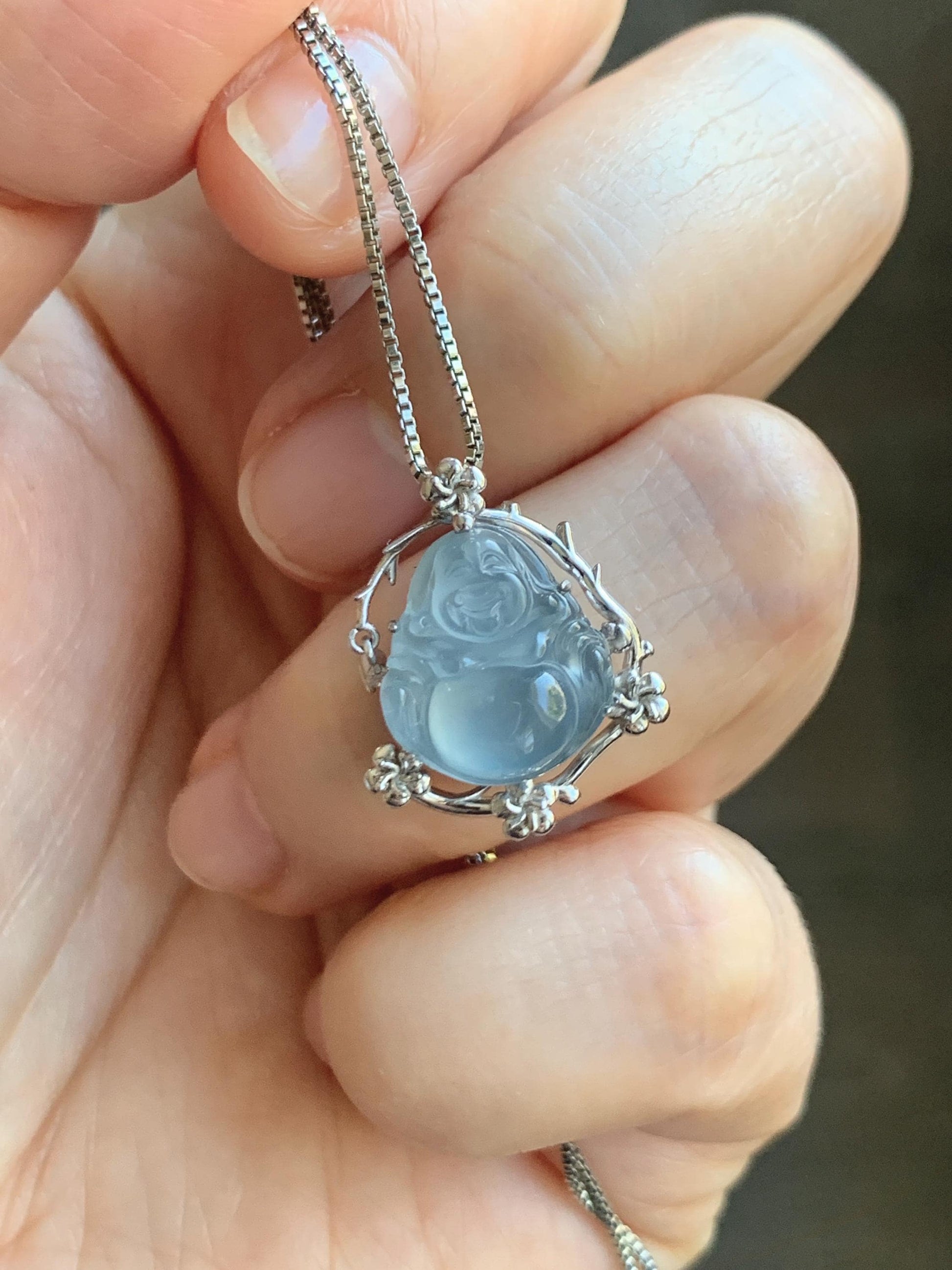 Certified Natural Grade A Guatemalan Icy Translucent Dusty Blue Jade Jadeite Buddha Petite Pendant Sterling Silver 3.12g 天然冰胶危蓝翡翠佛公镶嵌吊坠 161