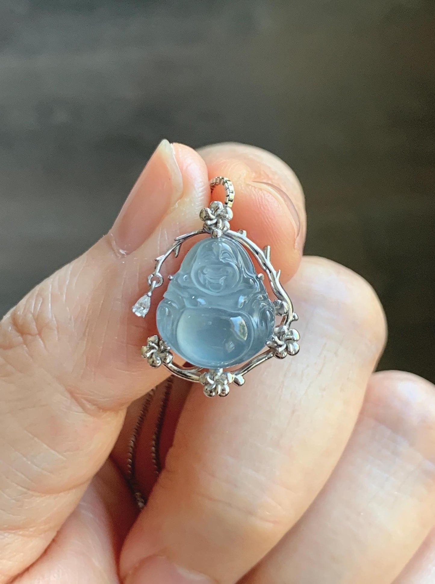 Certified Natural Grade A Guatemalan Icy Translucent Dusty Blue Jade Jadeite Buddha Petite Pendant Sterling Silver 3.12g 天然冰胶危蓝翡翠佛公镶嵌吊坠 161