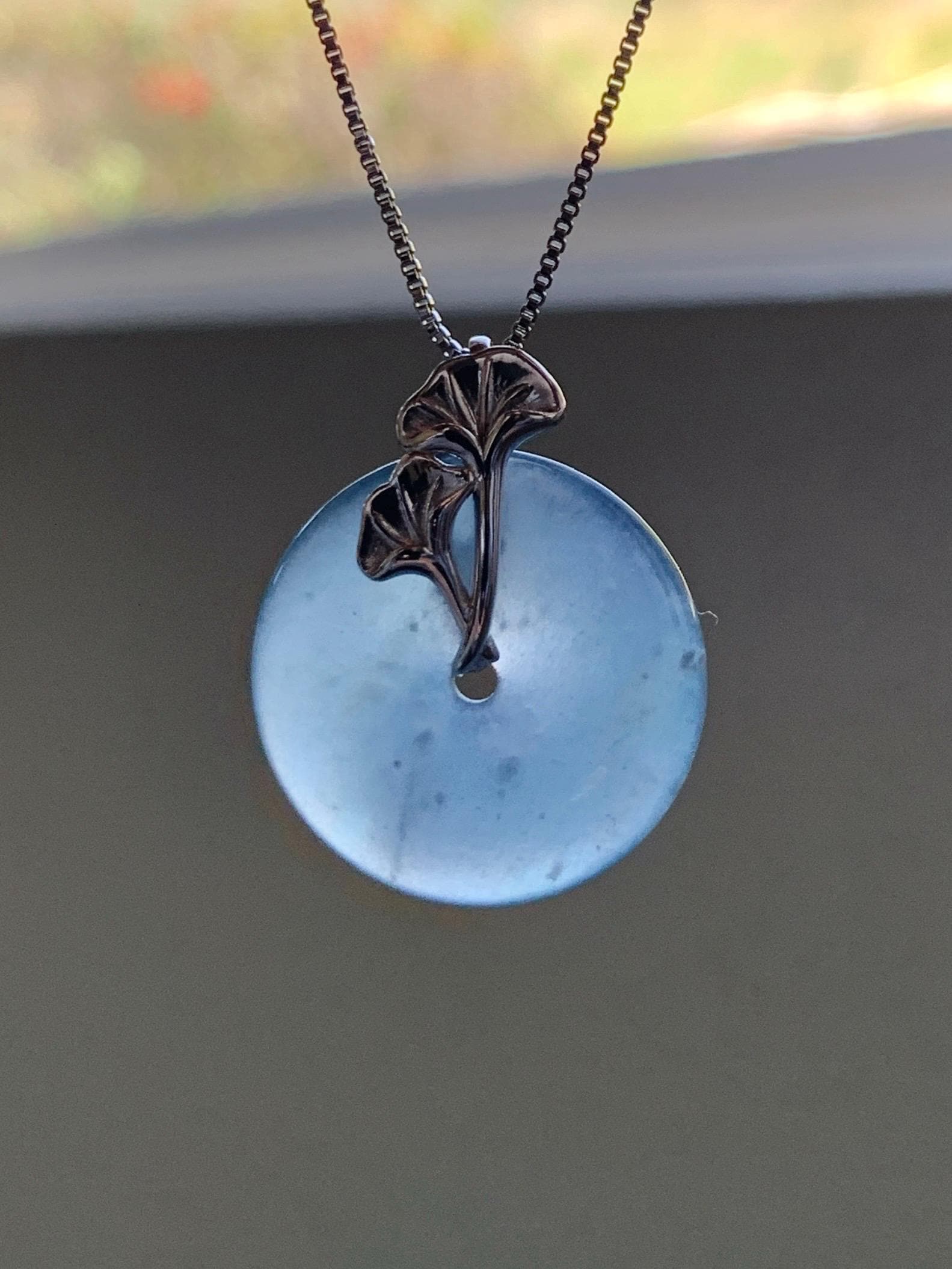 Certified Natural Grade A Guatemalan Icy Translucent Purple Blue Jadeite Ping An Kou Donut Ginkgo Pendant Sterling Silver 天然冰危紫翡翠平安扣吊坠 3765