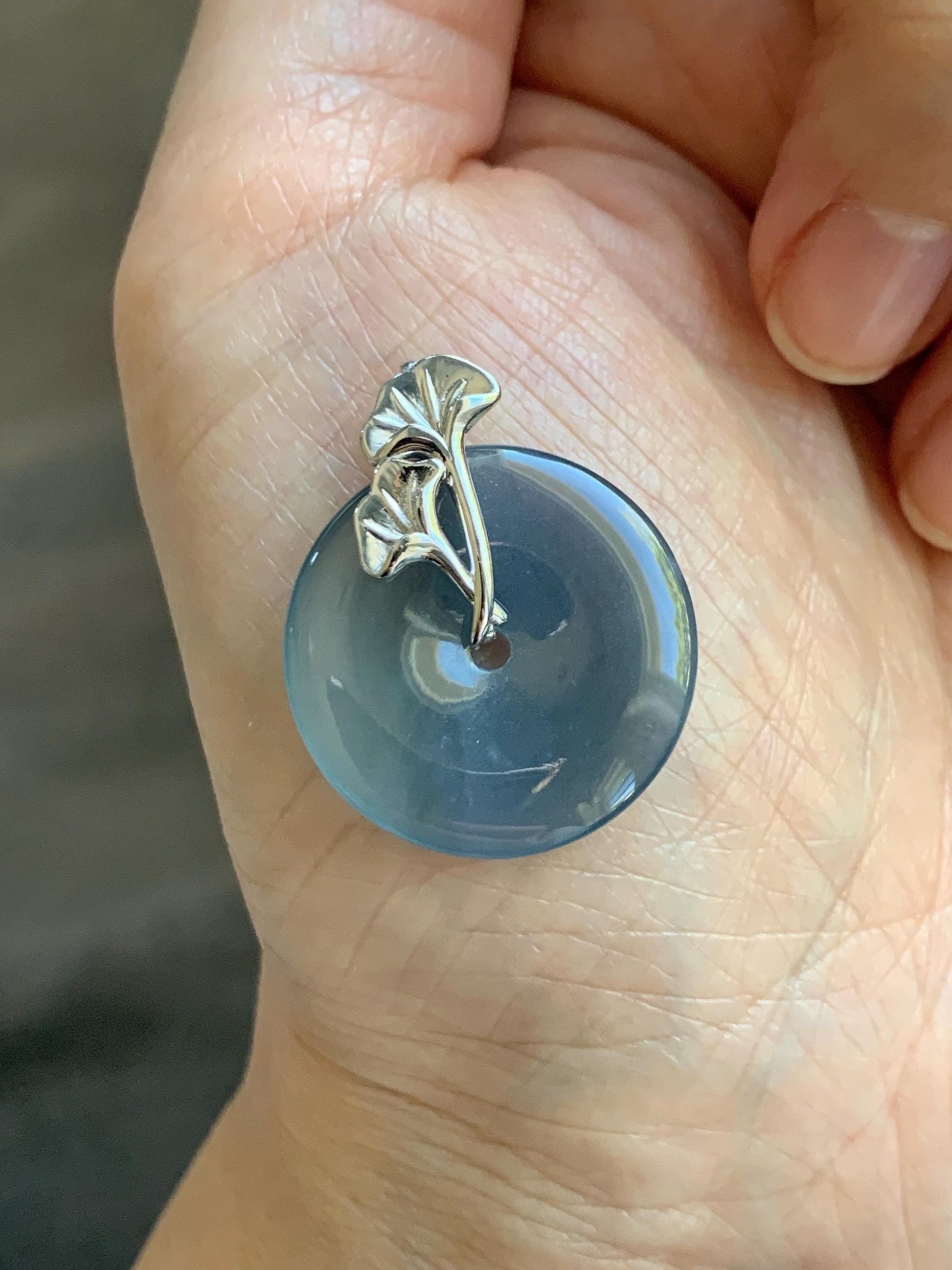 Certified Natural Grade A Guatemalan Icy Translucent Purple Blue Jadeite Ping An Kou Donut Ginkgo Pendant Sterling Silver 天然冰危紫翡翠平安扣吊坠 3765