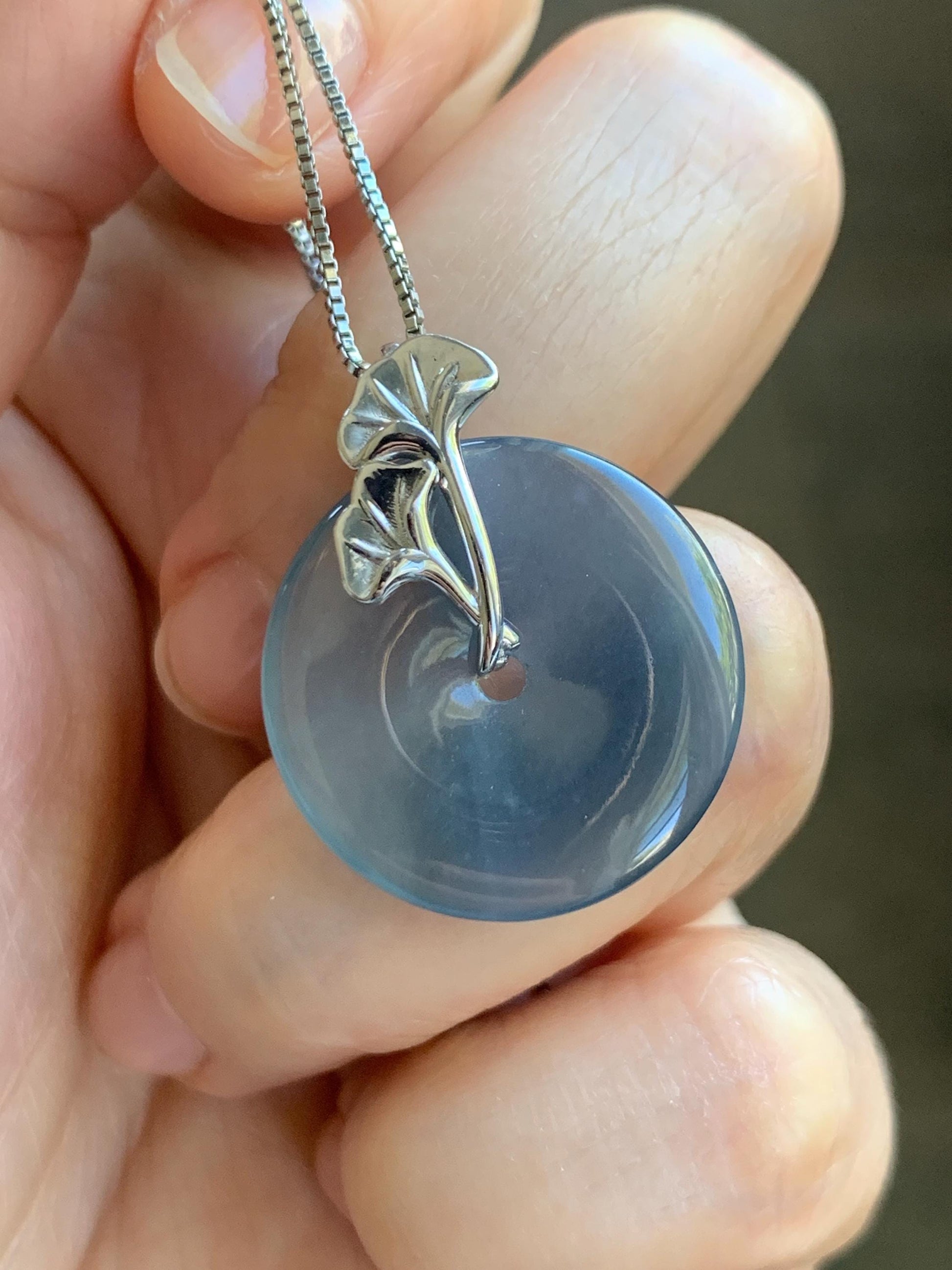 Certified Natural Grade A Guatemalan Icy Translucent Purple Blue Jadeite Ping An Kou Donut Ginkgo Pendant Sterling Silver 天然冰危紫翡翠平安扣吊坠 3765
