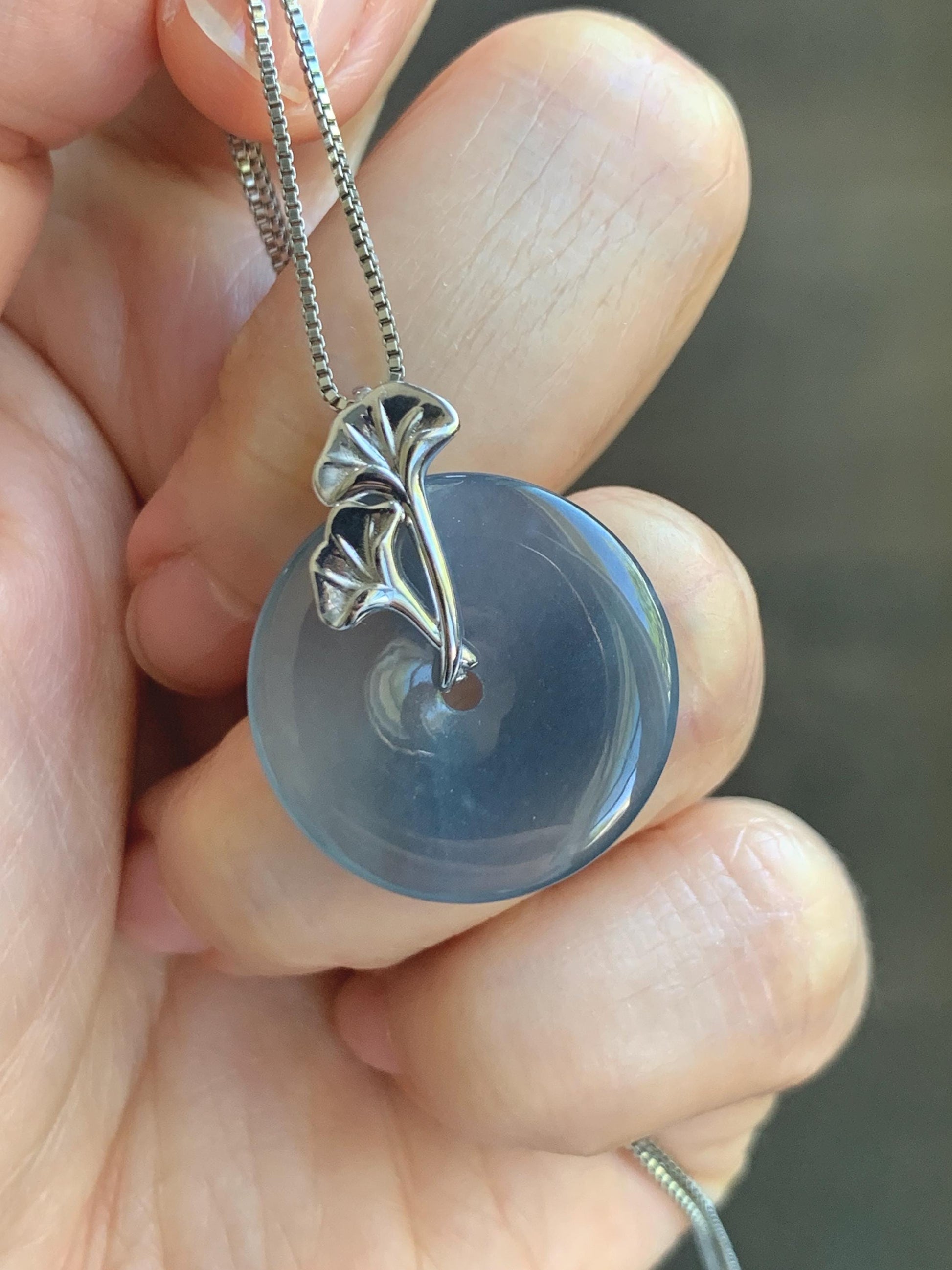 Certified Natural Grade A Guatemalan Icy Translucent Purple Blue Jadeite Ping An Kou Donut Ginkgo Pendant Sterling Silver 天然冰危紫翡翠平安扣吊坠 3765
