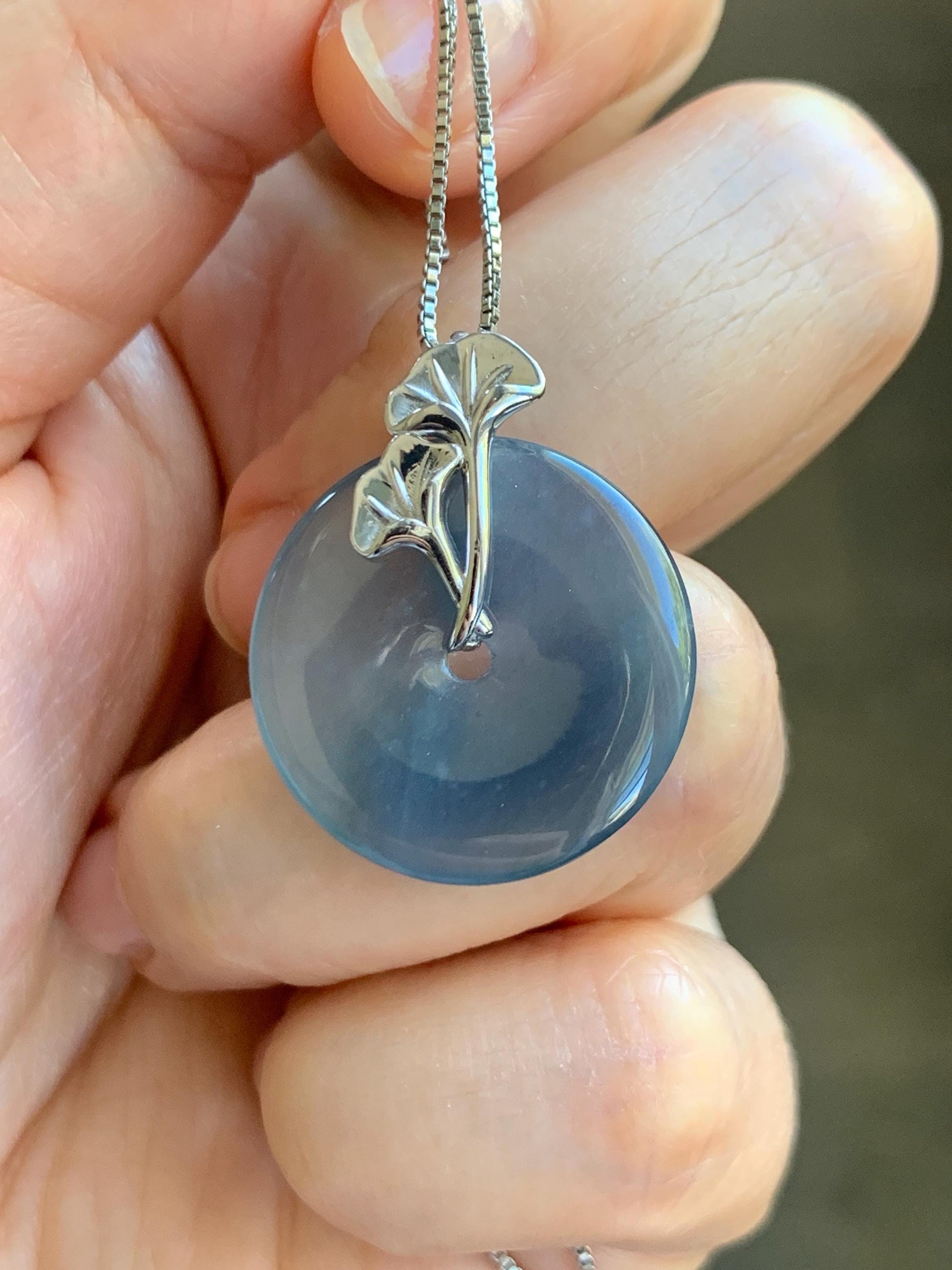Certified Natural Grade A Guatemalan Icy Translucent Purple Blue Jadeite Ping An Kou Donut Ginkgo Pendant Sterling Silver 天然冰危紫翡翠平安扣吊坠 3765