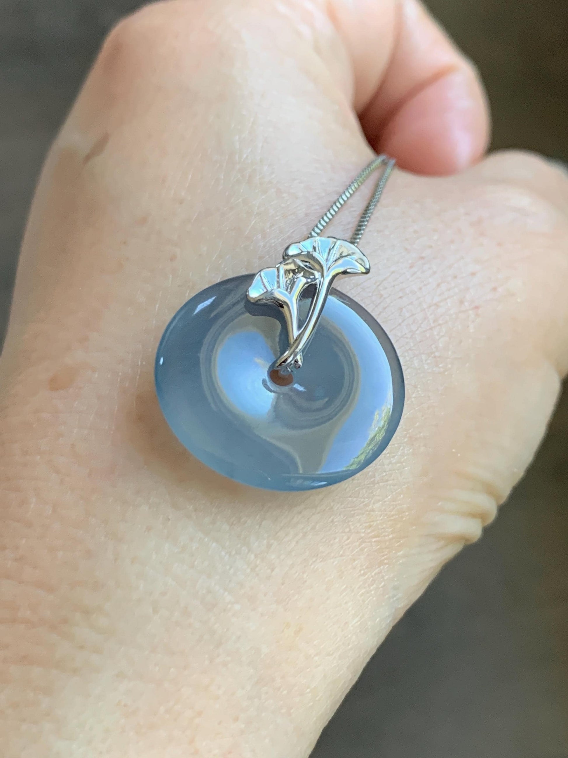 Certified Natural Grade A Guatemalan Icy Translucent Purple Blue Jadeite Ping An Kou Donut Ginkgo Pendant Sterling Silver 天然冰危紫翡翠平安扣吊坠 488