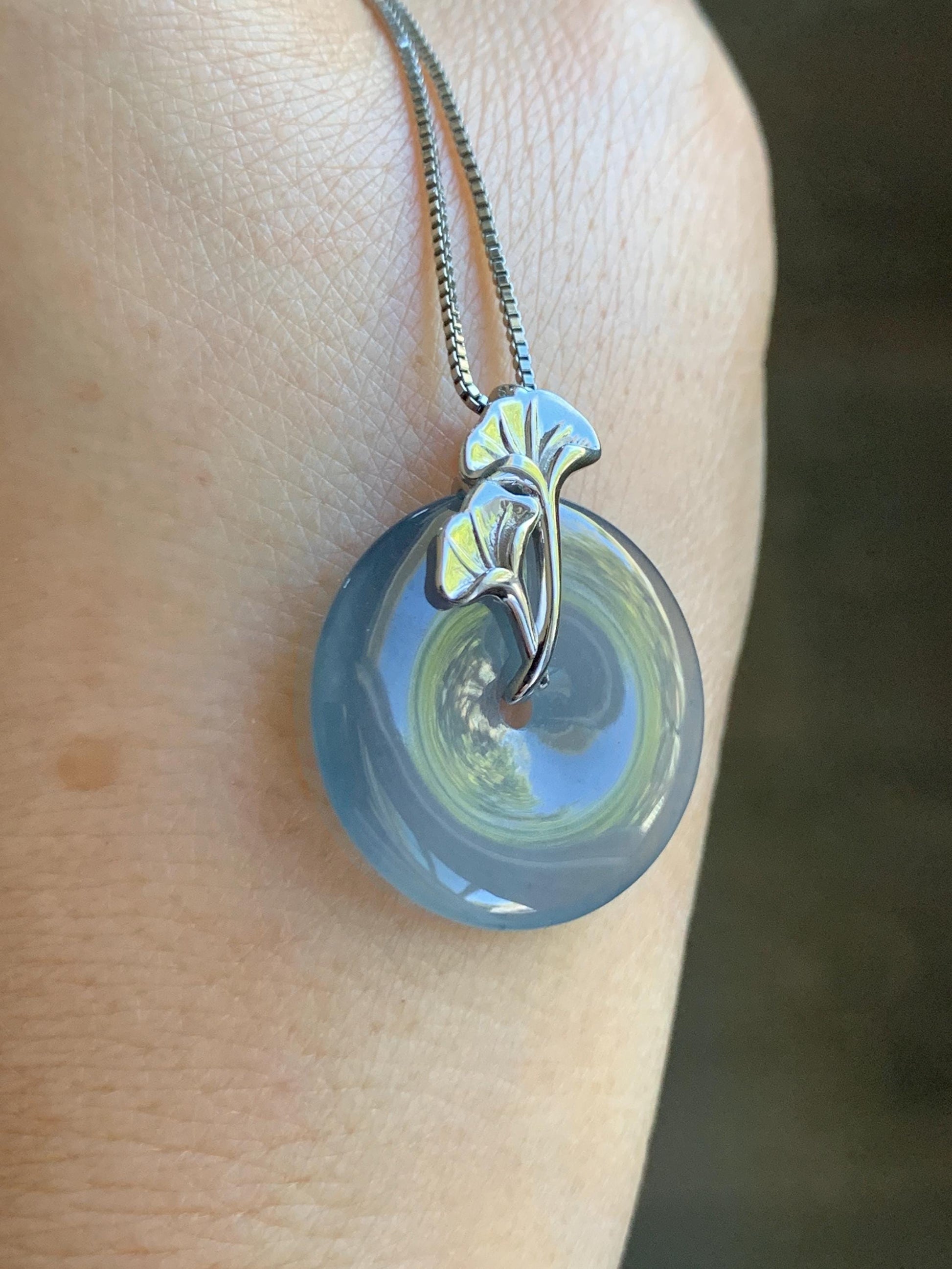 Certified Natural Grade A Guatemalan Icy Translucent Purple Blue Jadeite Ping An Kou Donut Ginkgo Pendant Sterling Silver 天然冰危紫翡翠平安扣吊坠 488