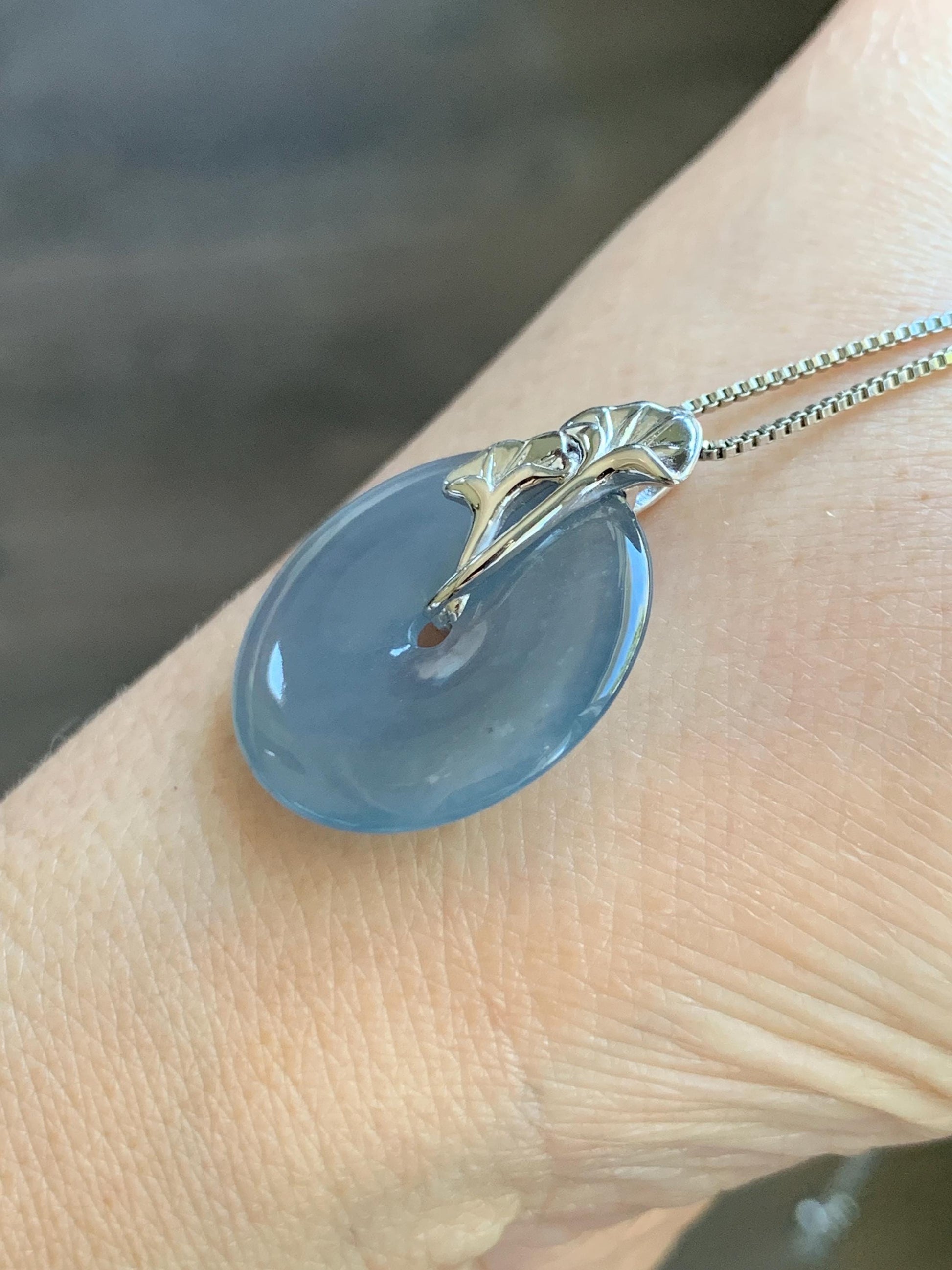 Certified Natural Grade A Guatemalan Icy Translucent Purple Blue Jadeite Ping An Kou Donut Ginkgo Pendant Sterling Silver 天然冰危紫翡翠平安扣吊坠 488