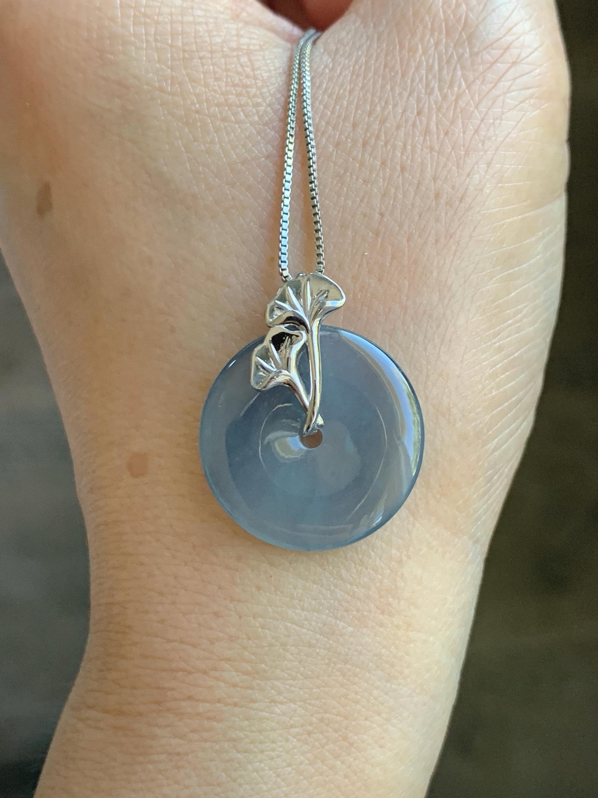Certified Natural Grade A Guatemalan Icy Translucent Purple Blue Jadeite Ping An Kou Donut Ginkgo Pendant Sterling Silver 天然冰危紫翡翠平安扣吊坠 488