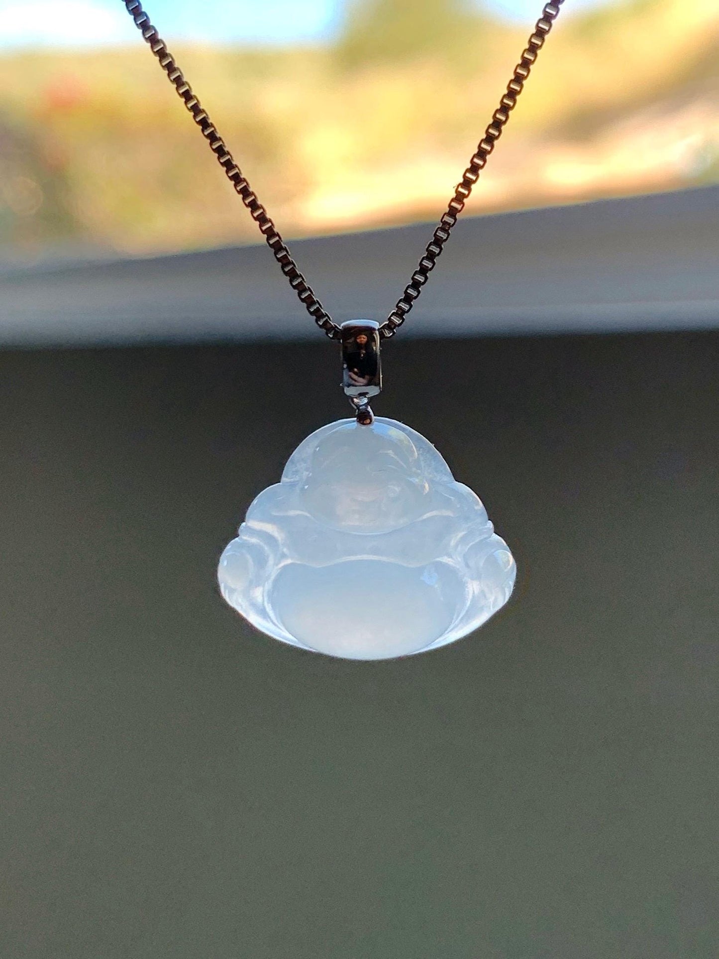 Natural Grade A Icy White Translucent Jade Jadeite Buddha Petite Pendant 18K White Gold 天然白冰翡翠小佛公镶嵌吊坠 MXF248