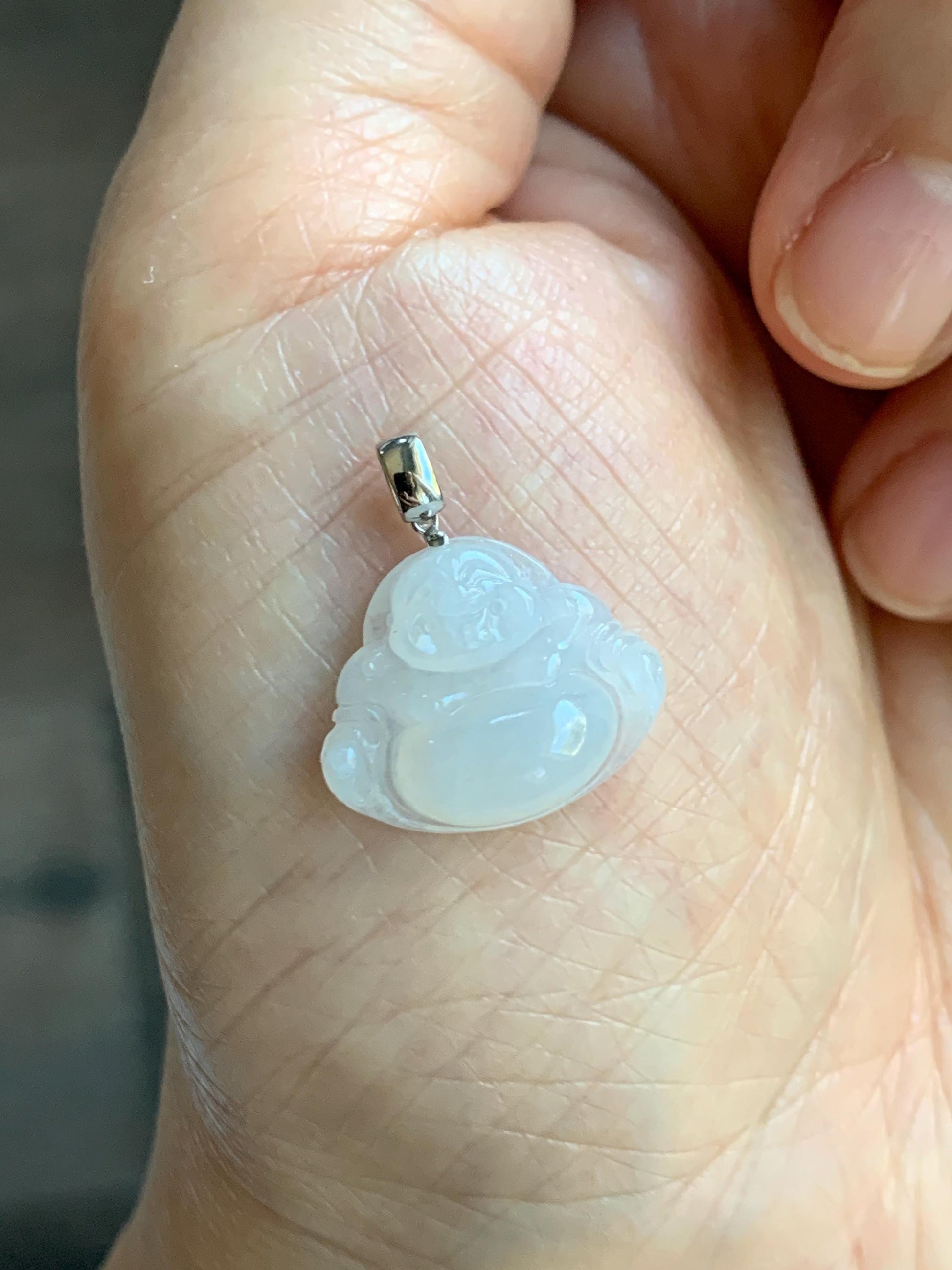 Natural Grade A Icy White Translucent Jade Jadeite Buddha Petite Pendant 18K White Gold 天然白冰翡翠小佛公镶嵌吊坠 MXF248