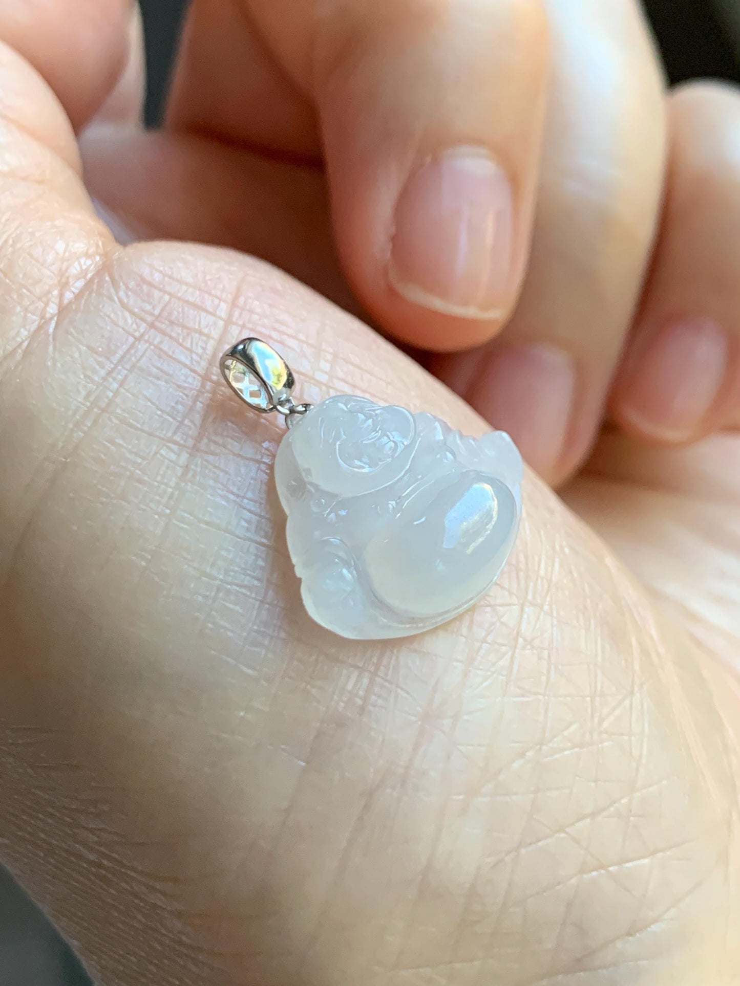 Natural Grade A Icy White Translucent Jade Jadeite Buddha Petite Pendant 18K White Gold 天然白冰翡翠小佛公镶嵌吊坠 MXF248