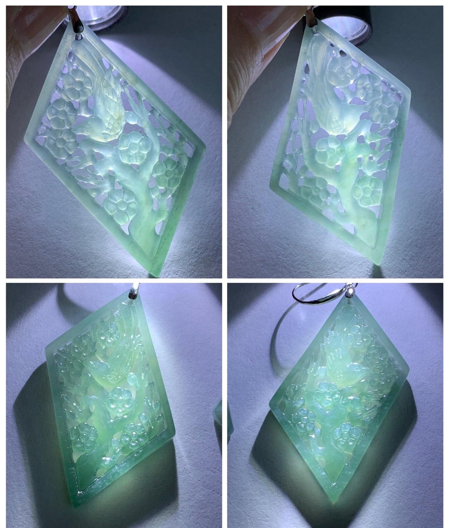 Natural Grade A Guatemalan Icy Translucent Dusty Teal Blue Jade Jadeite Openwork Engraved Earrings Sterling Silver 天然冰危蓝绿翡翠镂空雕银耳钩 WXQ110