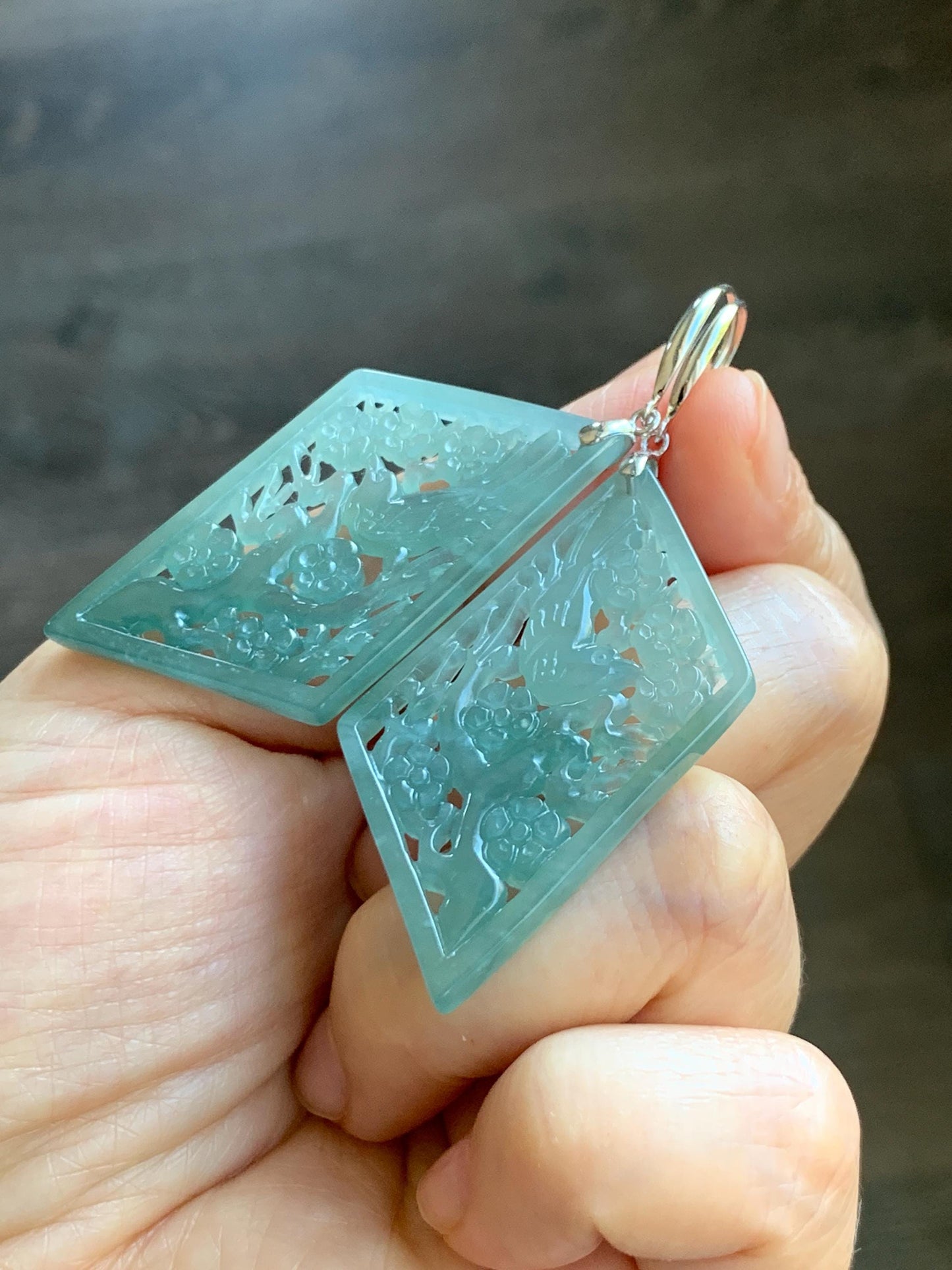 Natural Grade A Guatemalan Icy Translucent Dusty Teal Blue Jade Jadeite Openwork Engraved Earrings Sterling Silver 天然冰危蓝绿翡翠镂空雕银耳钩 WXQ110
