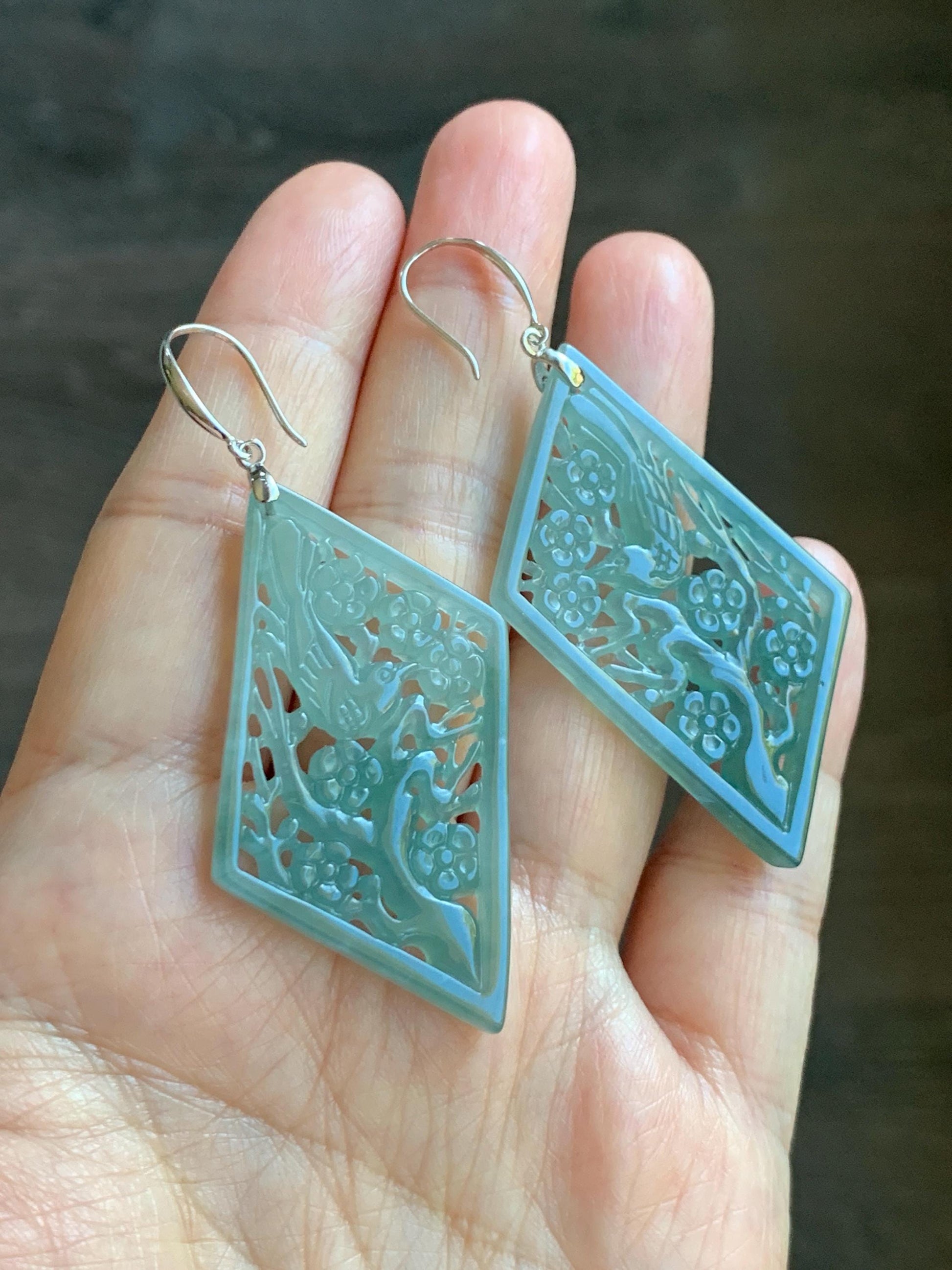 Natural Grade A Guatemalan Icy Translucent Dusty Teal Blue Jade Jadeite Openwork Engraved Earrings Sterling Silver 天然冰危蓝绿翡翠镂空雕银耳钩 WXQ110