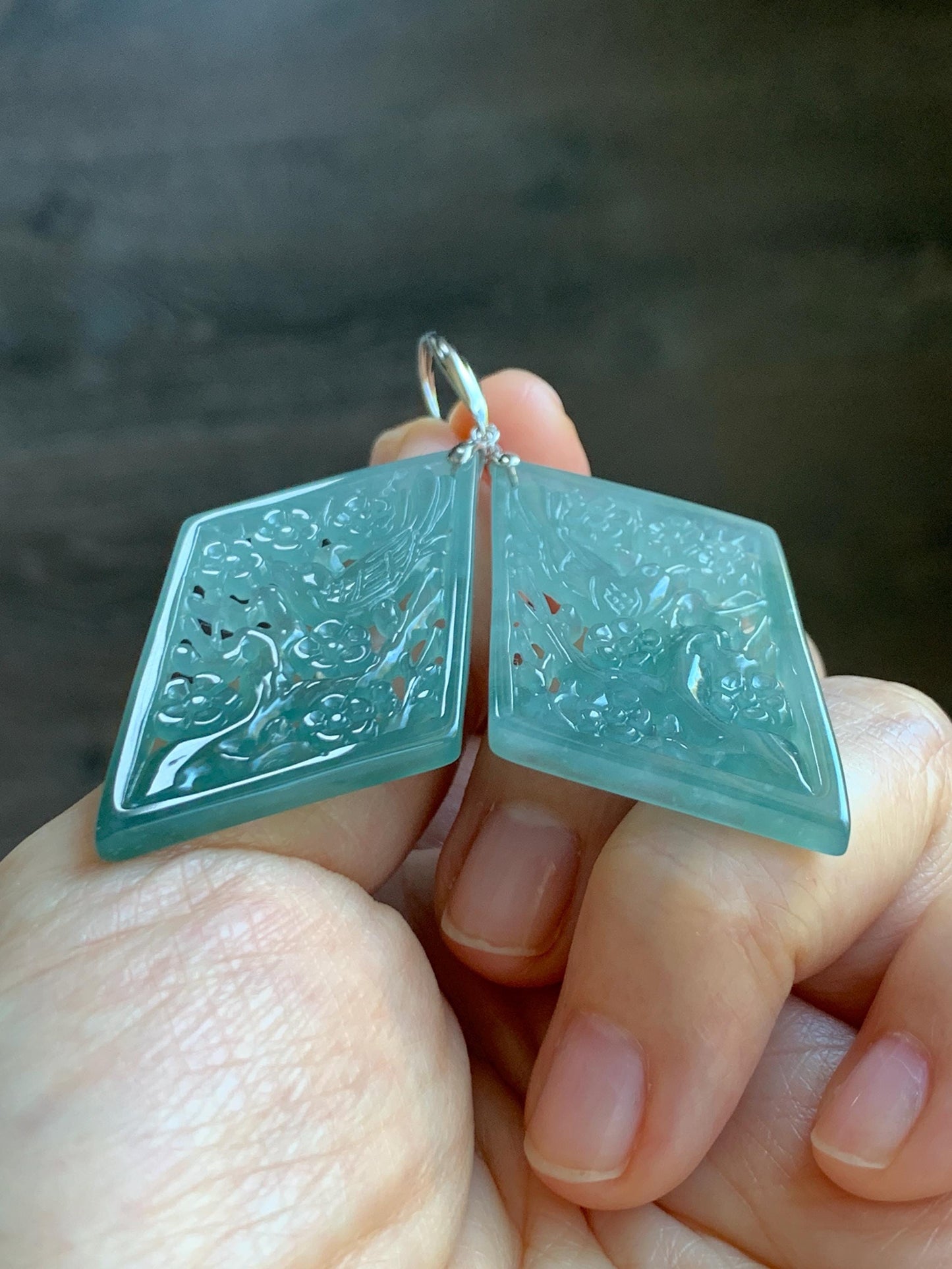 Natural Grade A Guatemalan Icy Translucent Dusty Teal Blue Jade Jadeite Openwork Engraved Earrings Sterling Silver 天然冰危蓝绿翡翠镂空雕银耳钩 WXQ110