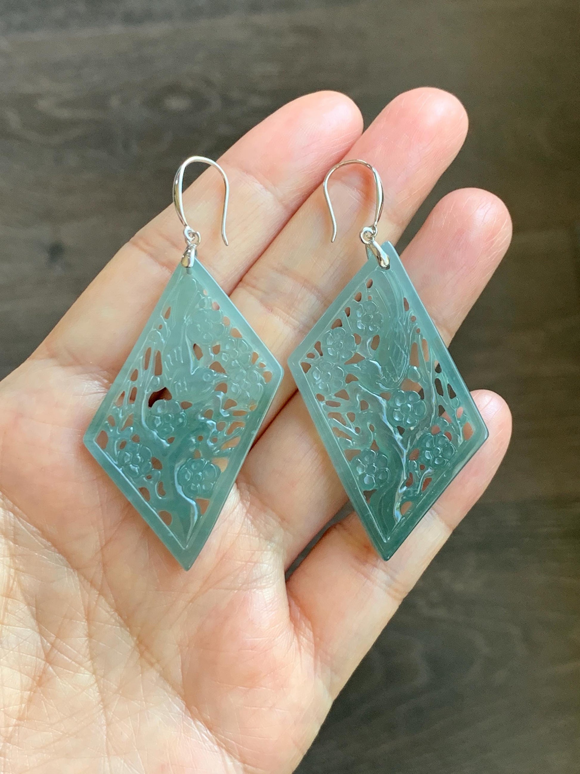 Natural Grade A Guatemalan Icy Translucent Dusty Teal Blue Jade Jadeite Openwork Engraved Earrings Sterling Silver 天然冰危蓝绿翡翠镂空雕银耳钩 WXQ110