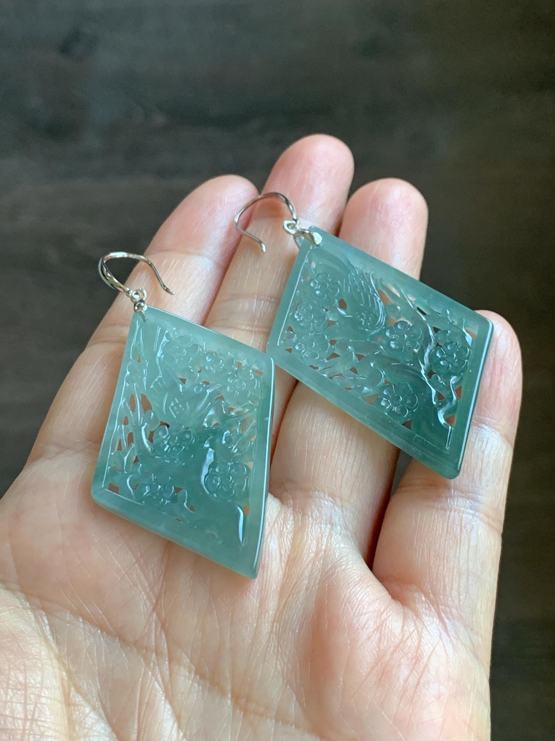 Natural Grade A Guatemalan Icy Translucent Dusty Teal Blue Jade Jadeite Openwork Engraved Earrings Sterling Silver 天然冰危蓝绿翡翠镂空雕银耳钩 WXQ110