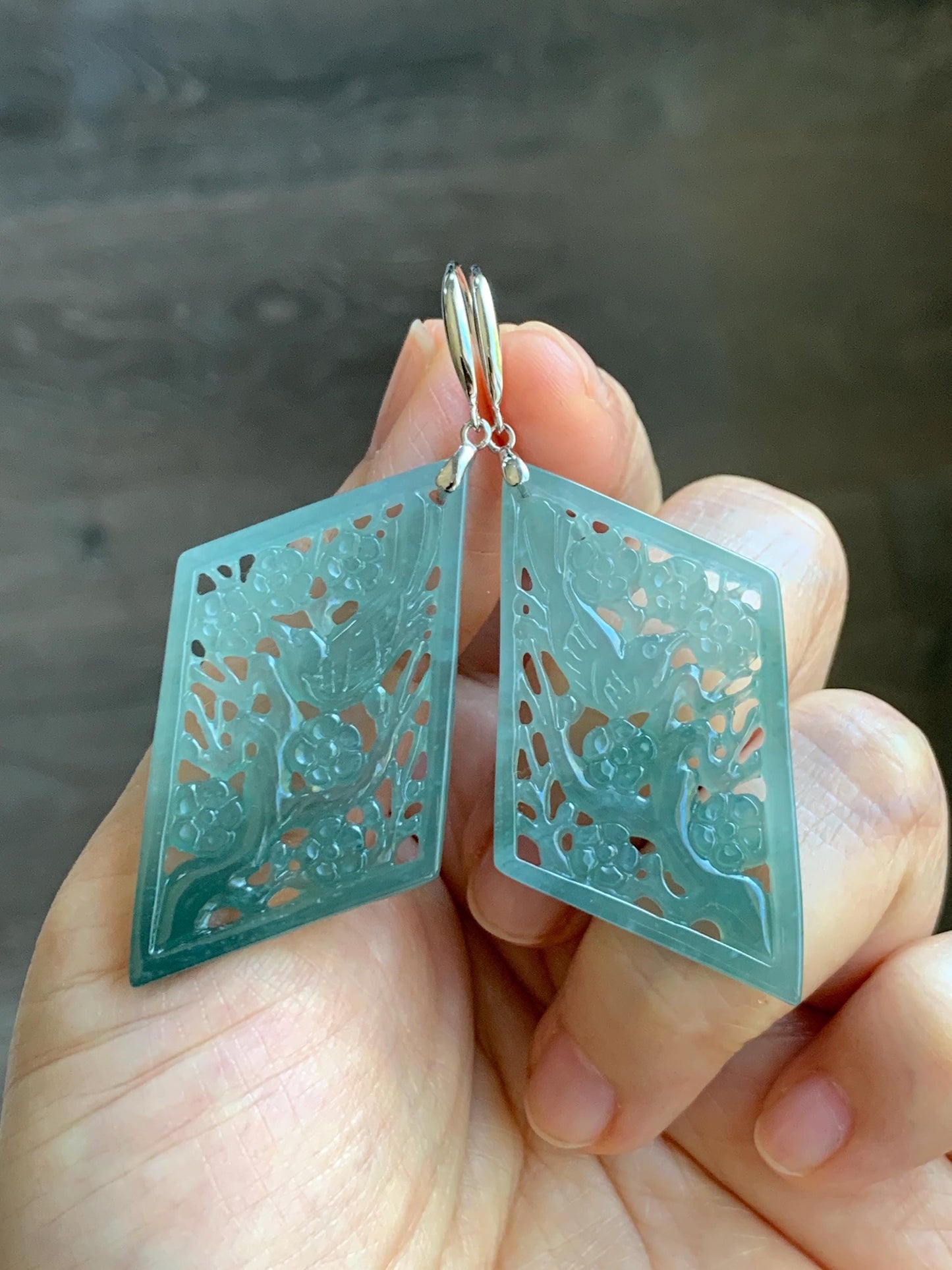 Natural Grade A Guatemalan Icy Translucent Dusty Teal Blue Jade Jadeite Openwork Engraved Earrings Sterling Silver 天然冰危蓝绿翡翠镂空雕银耳钩 WXQ110