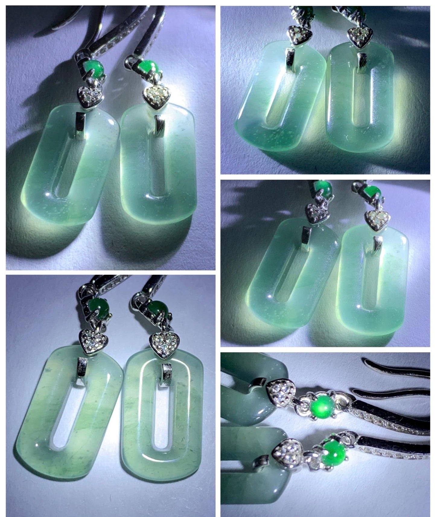 Natural Guatemalan Grade A Icy Highly Translucent Pastel Green Jade Jadeite Donut Ring Dangle Earrings Sterling Silver 天然冰危浅蓝绿翡翠长方扣耳吊 WQC99